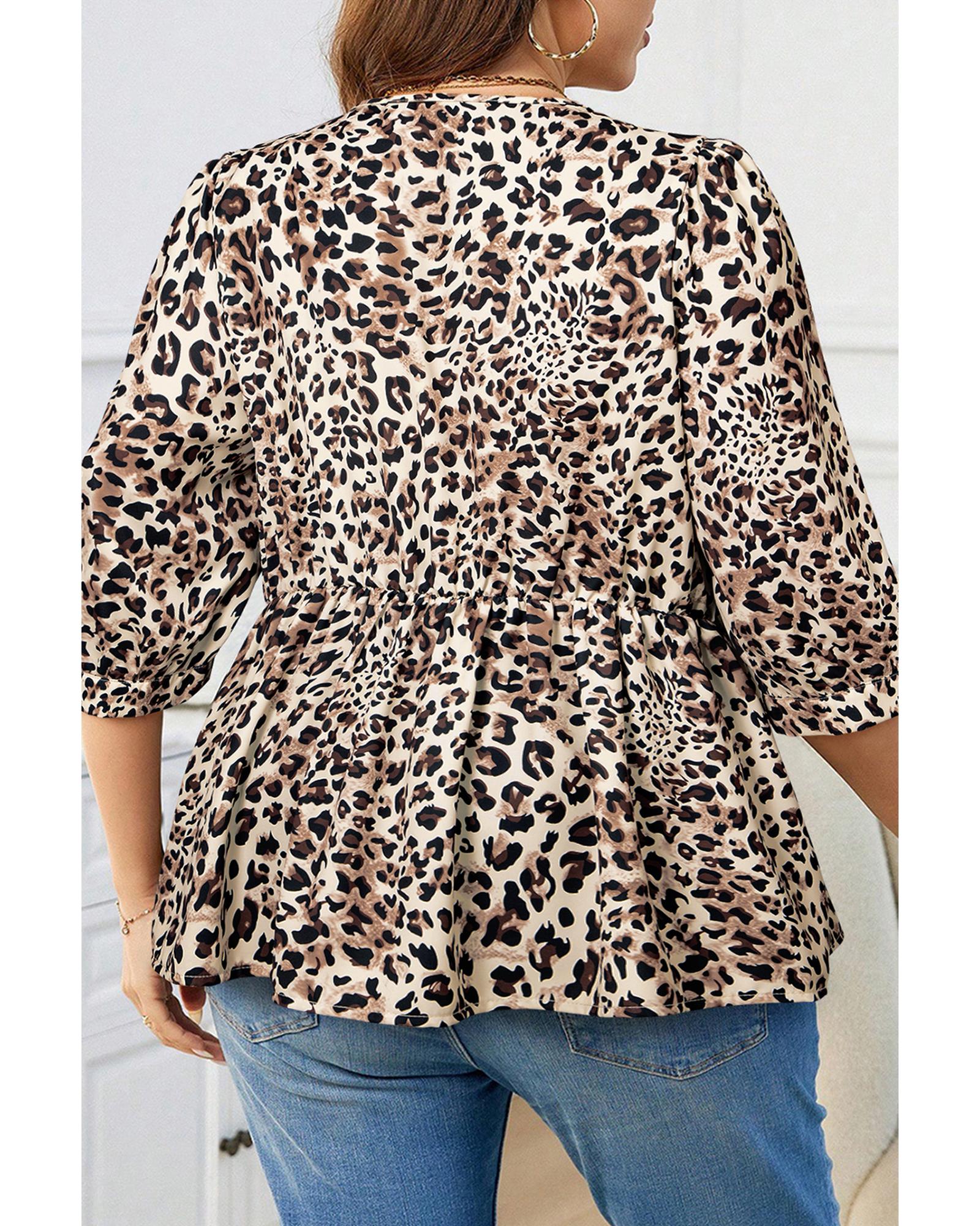 V539-AZEXPL2512617-P1620-2X-202508311010-00 Khaki Leopard Print Lace-up Ruffled 3/4 Sleeve Plus Size Blouse - 2X - Image 1