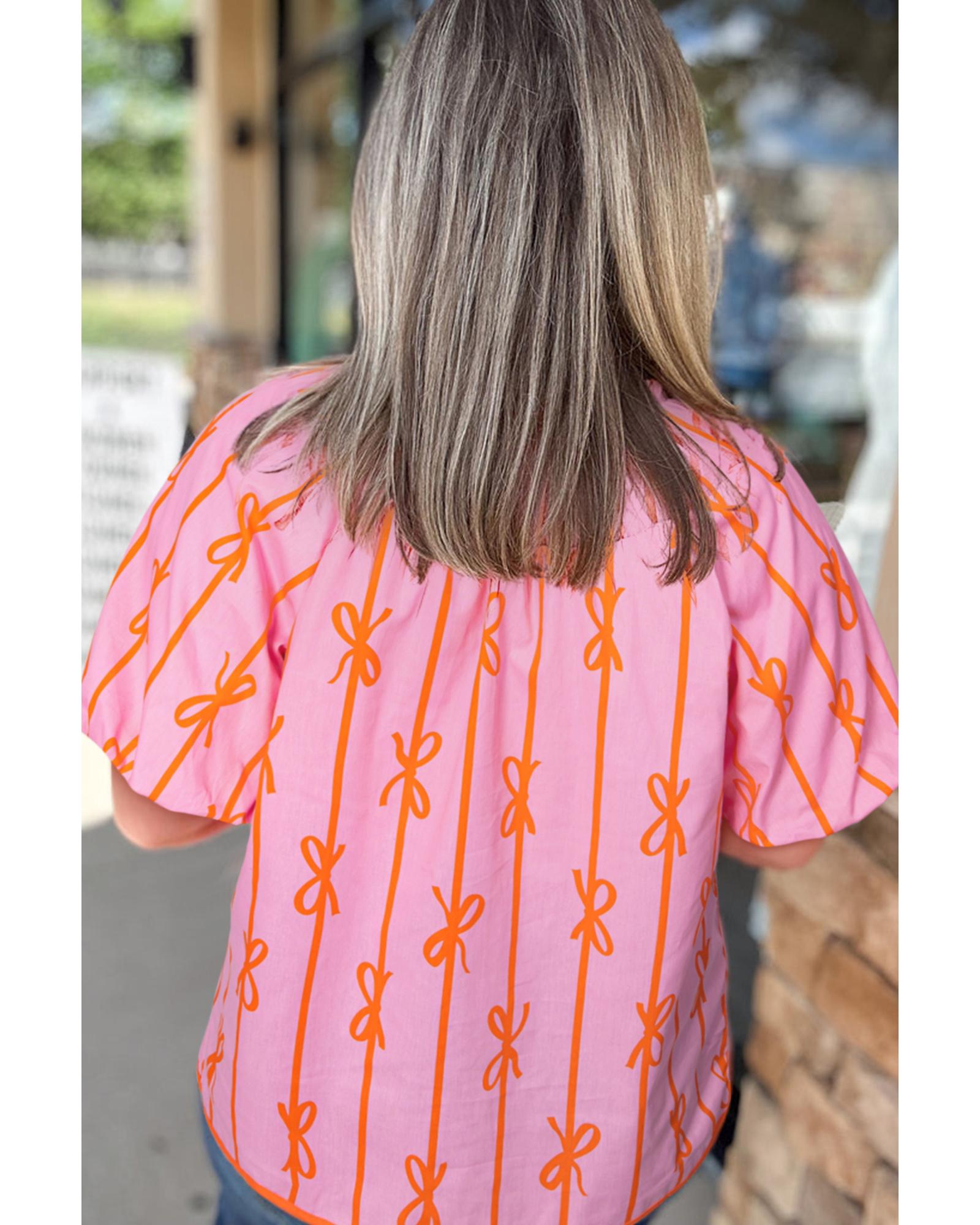V539-AZEXPL2512646-P620-2X-202508311400-00 Rose Bowknot Print Shirred V Neck Puff Sleeve Plus Size Blouse - 2X - Image 1