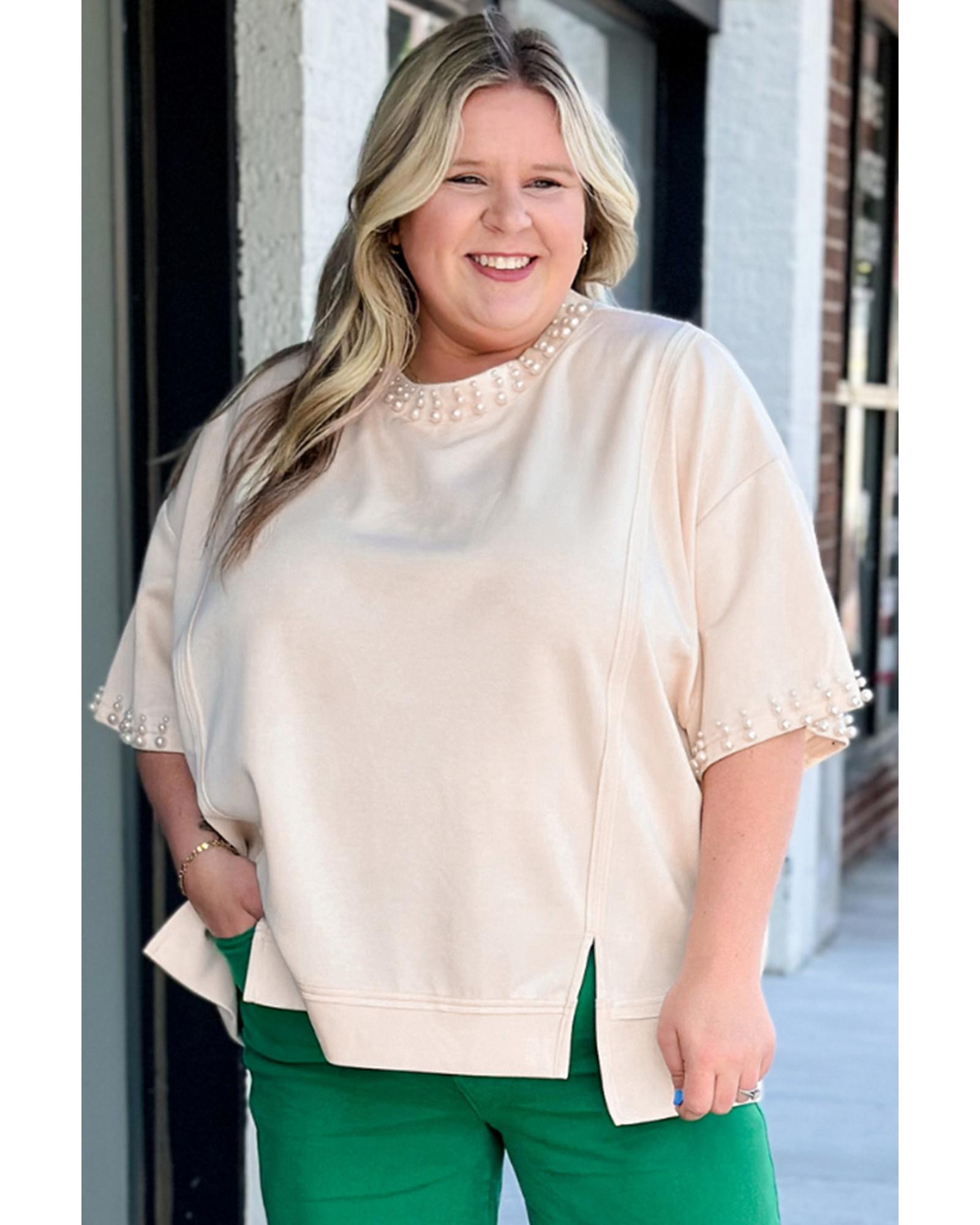 Beige Pearl Decor Crew Neck Half Sleeve Plus Size T Shirt - 4X