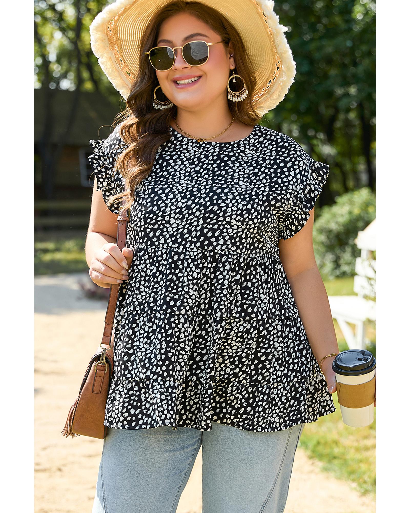 Black Leopard Print Ruffled Short Sleeve Keyhole Back Tiered Flowy Plus Size Blouse - 3X