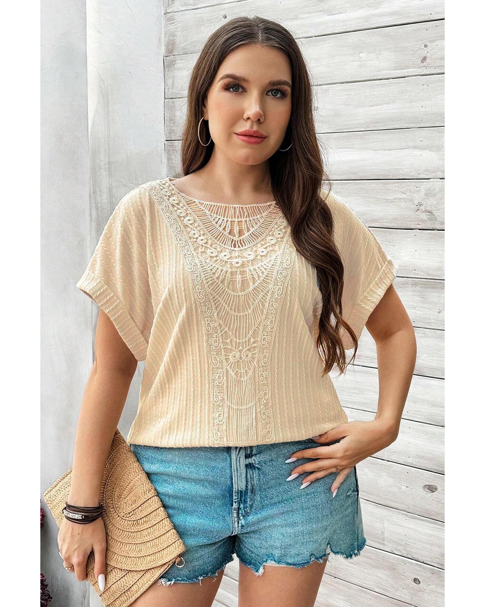 V539-AZEXPL2512731-P15-4X-202508311500-00 Beige Lace Crochet Patched Cable Textured Cuffed Short Sleeve Plus Size Top - 4X - Image 1