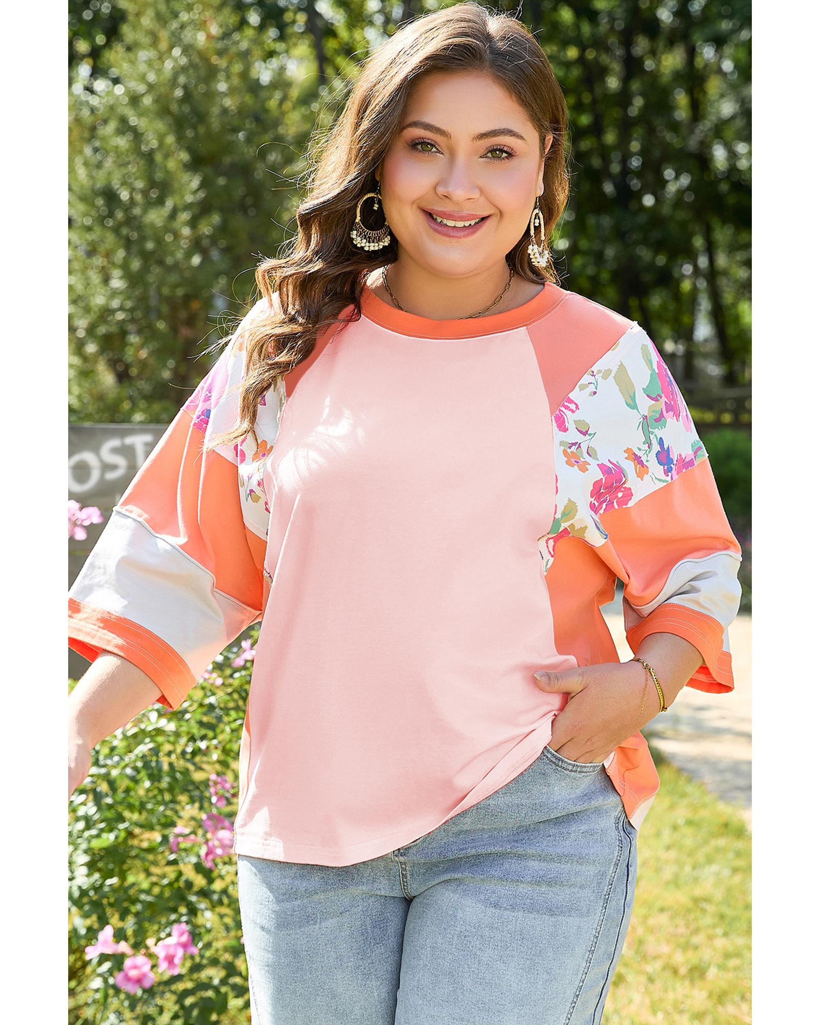 V539-AZEXPL2512782-P1420-4X-202508311605-00 Orange Plus Size Floral Print Patchwork Raglan Half Sleeve Top - 4X - Image 1