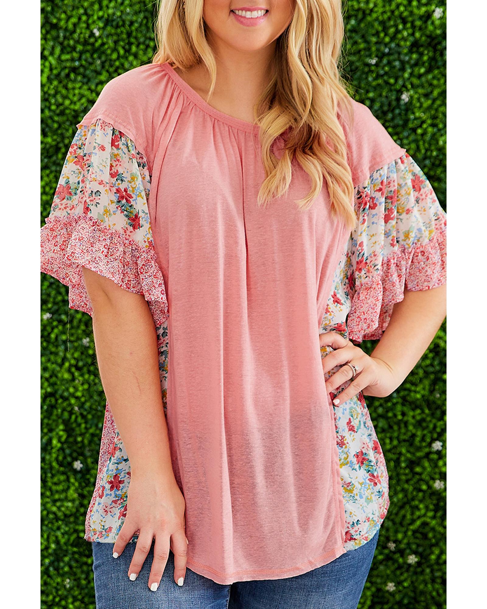 V539-AZEXPL2512788-P1020-3X-202508311355-00 Pink Plus Size Floral Patchwork Ruffled Short Sleeve Blouse - 3X - Image 1