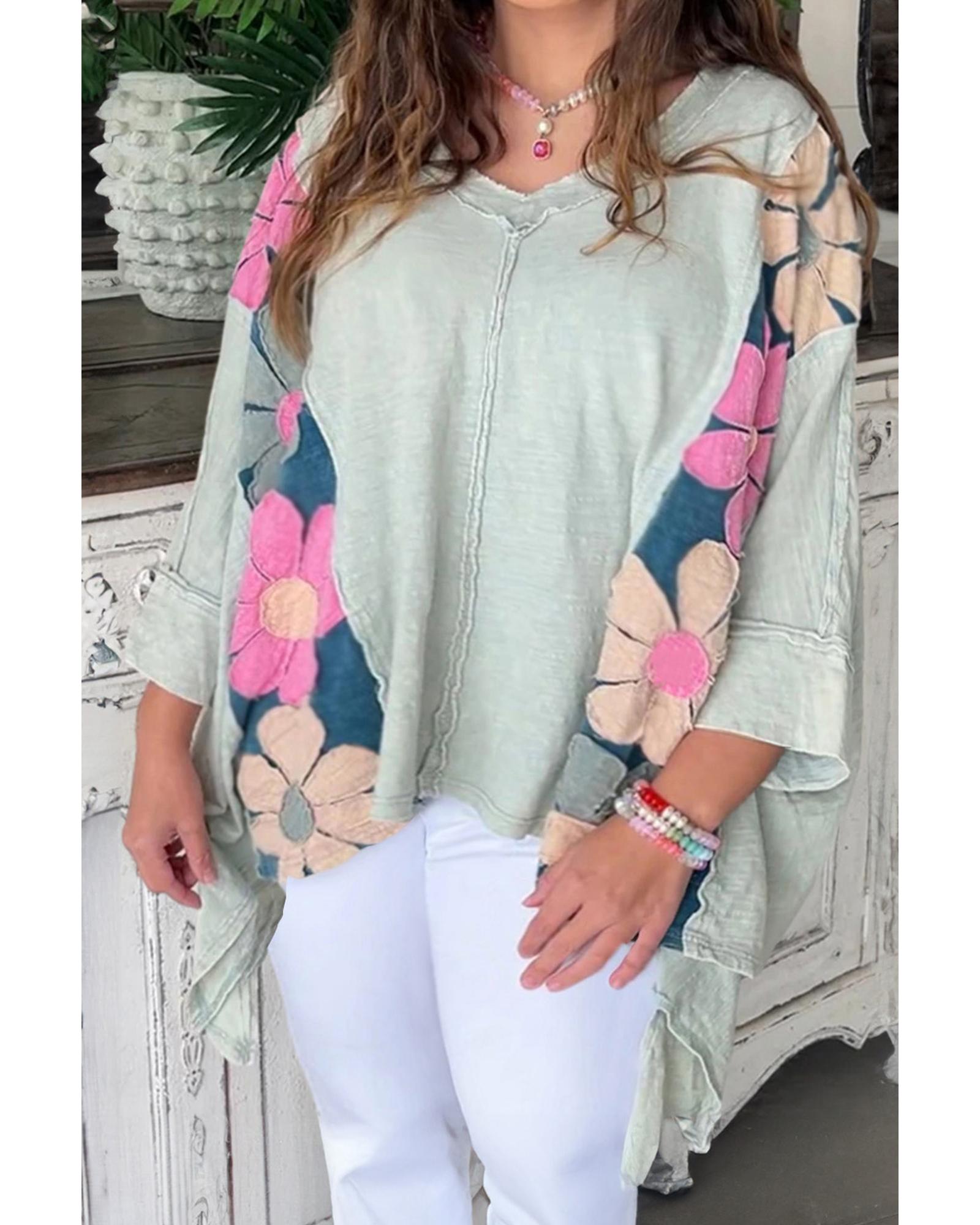 V539-AZEXPL25128140-P922-2X-202508310830-00 Green Plus Size Flower Patchwork Exposed Seam High Low Top - 2X - Image 1