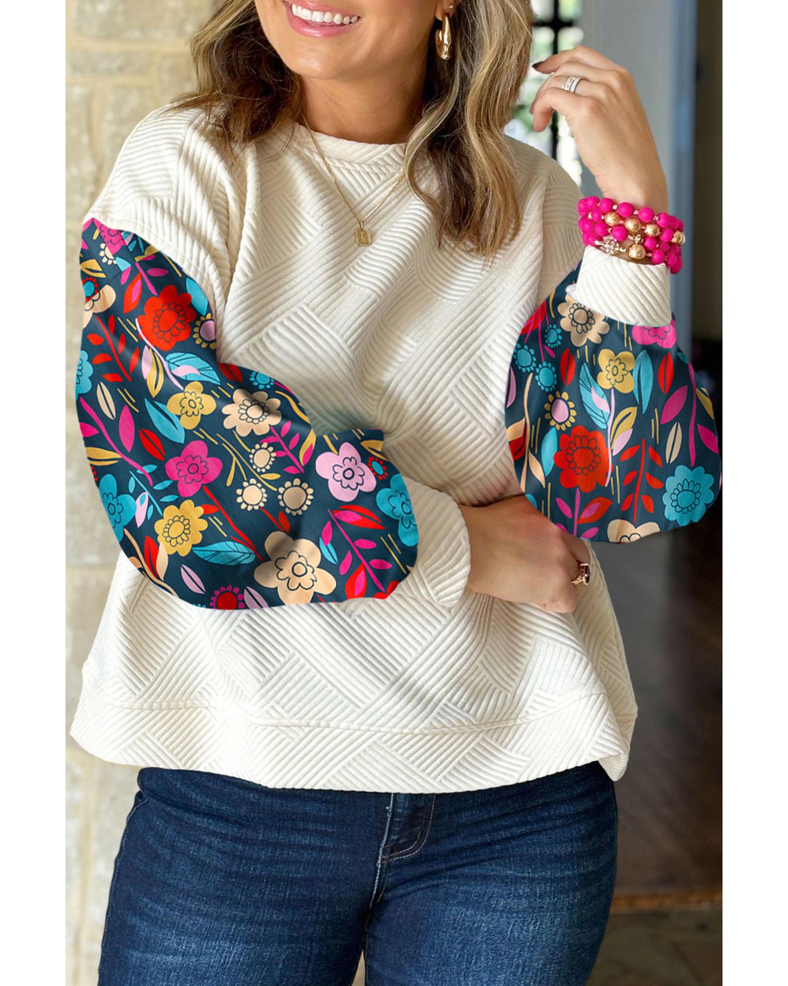 V539-AZEXPL25128386-P101-4X-202508310440-00 White Floral Patchwork Sleeve Textured Plus Size Pullover Top - 4X - Image 1