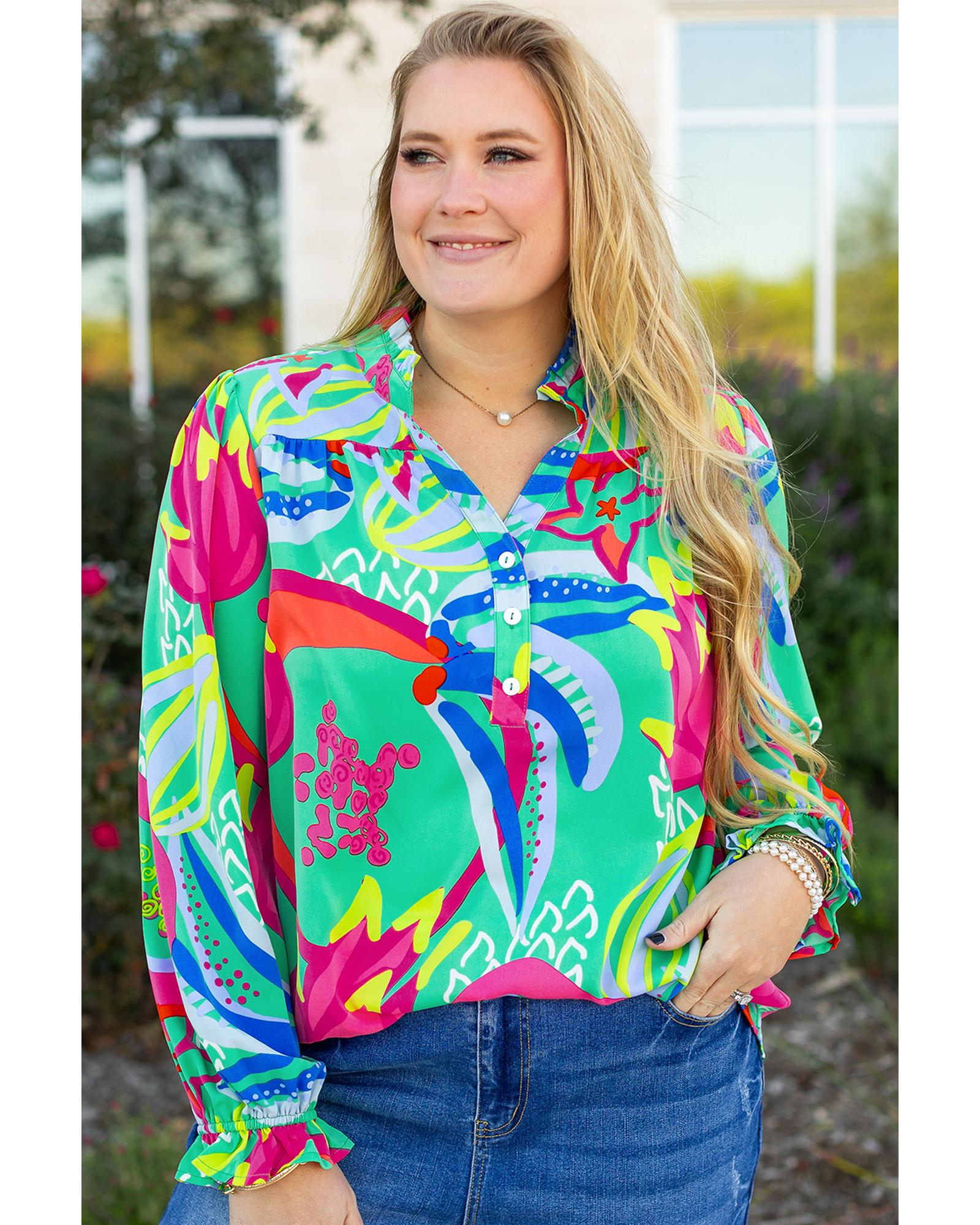 V539-AZEXPL25128414-P920-3X-202508310645-00 Green Abstract Printed Flounce Sleeve V Neck Buttoned Plus Size Blouse - 3X - Image 1