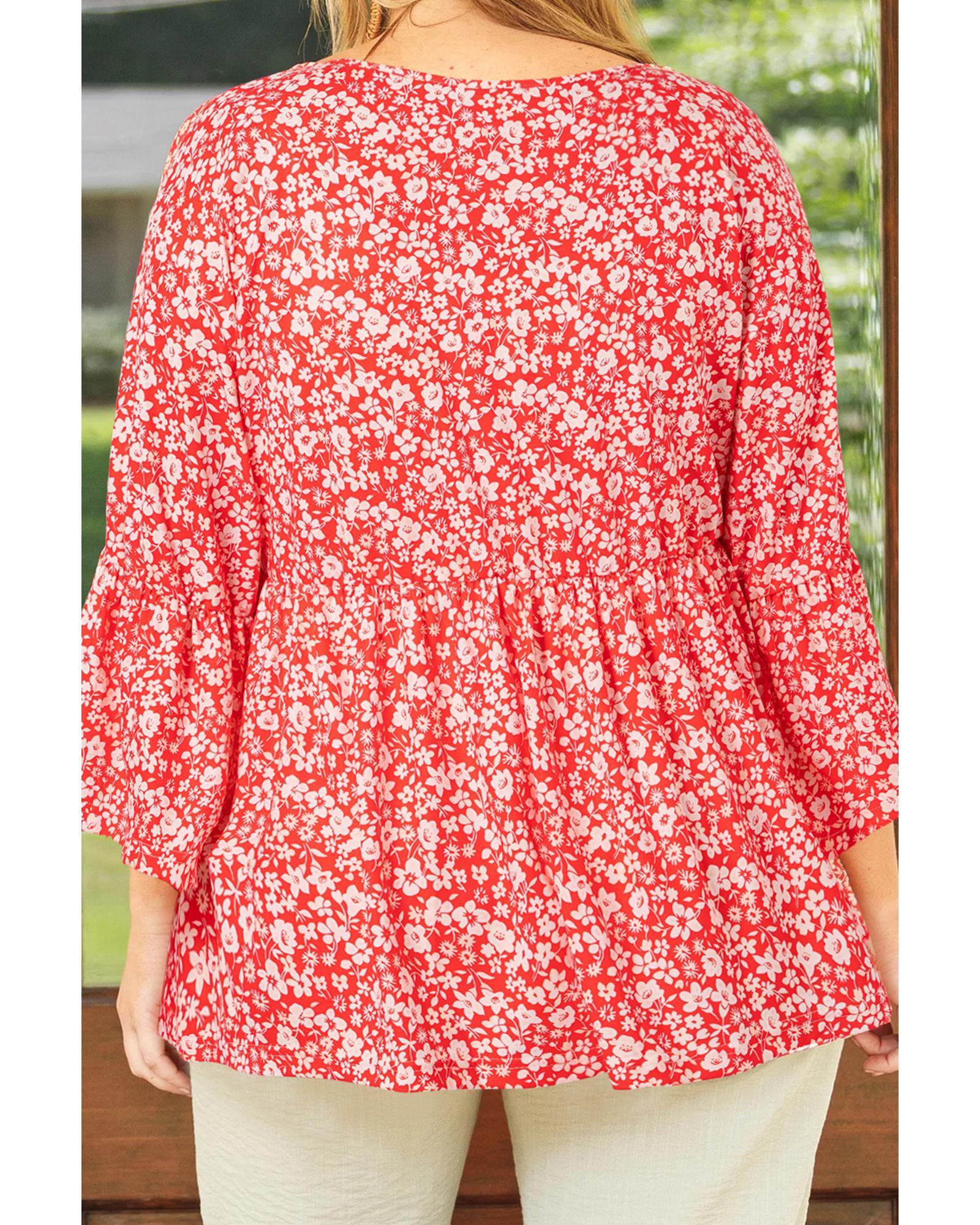 V539-AZEXPL2512882-P10320-1X-202506181946-00 Red Plus Size Floral V Neck Flared Bracelet Sleeve Blouse - 1X - Image 1