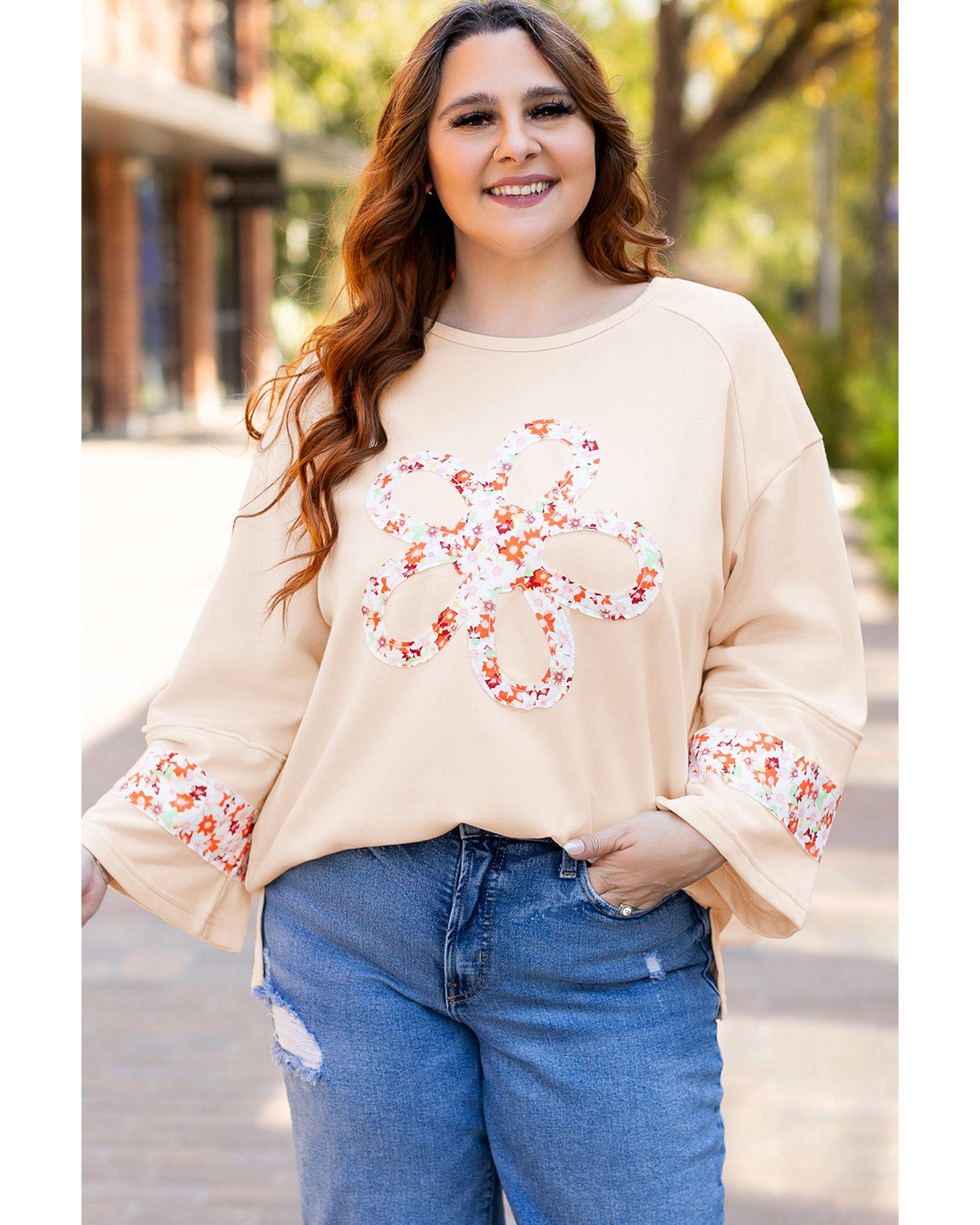 V539-AZEXPL25129068-P15-4X-202508311425-00 Beige Plus Size Flower Patched Side Slits Crewneck Top - 4X - Image 1