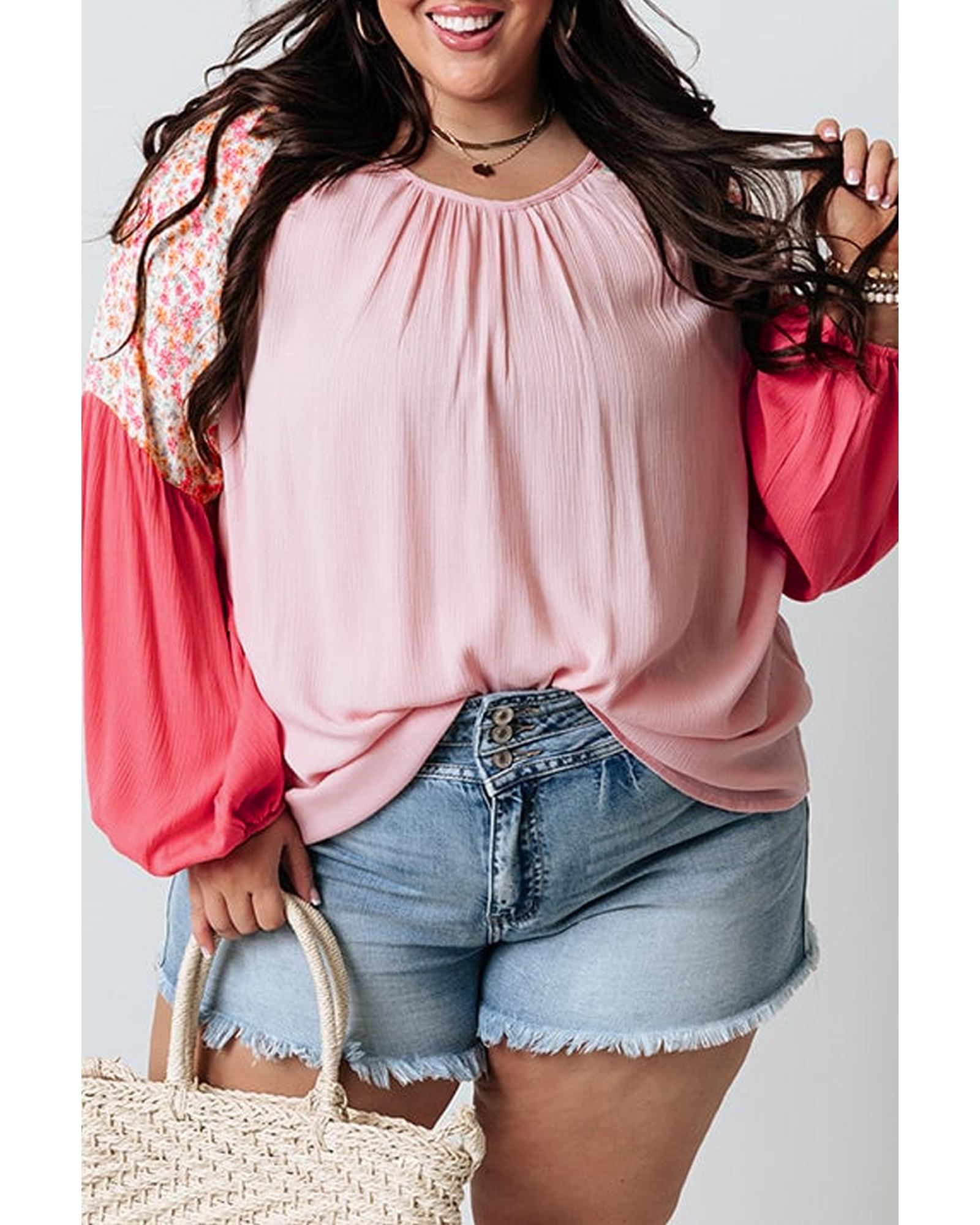 V539-AZEXPL2512928-P1020-2X-202508310245-00 Pink Contrast Floral Patchwork Long Sleeve Plus Size Blouse - 2X - Image 1