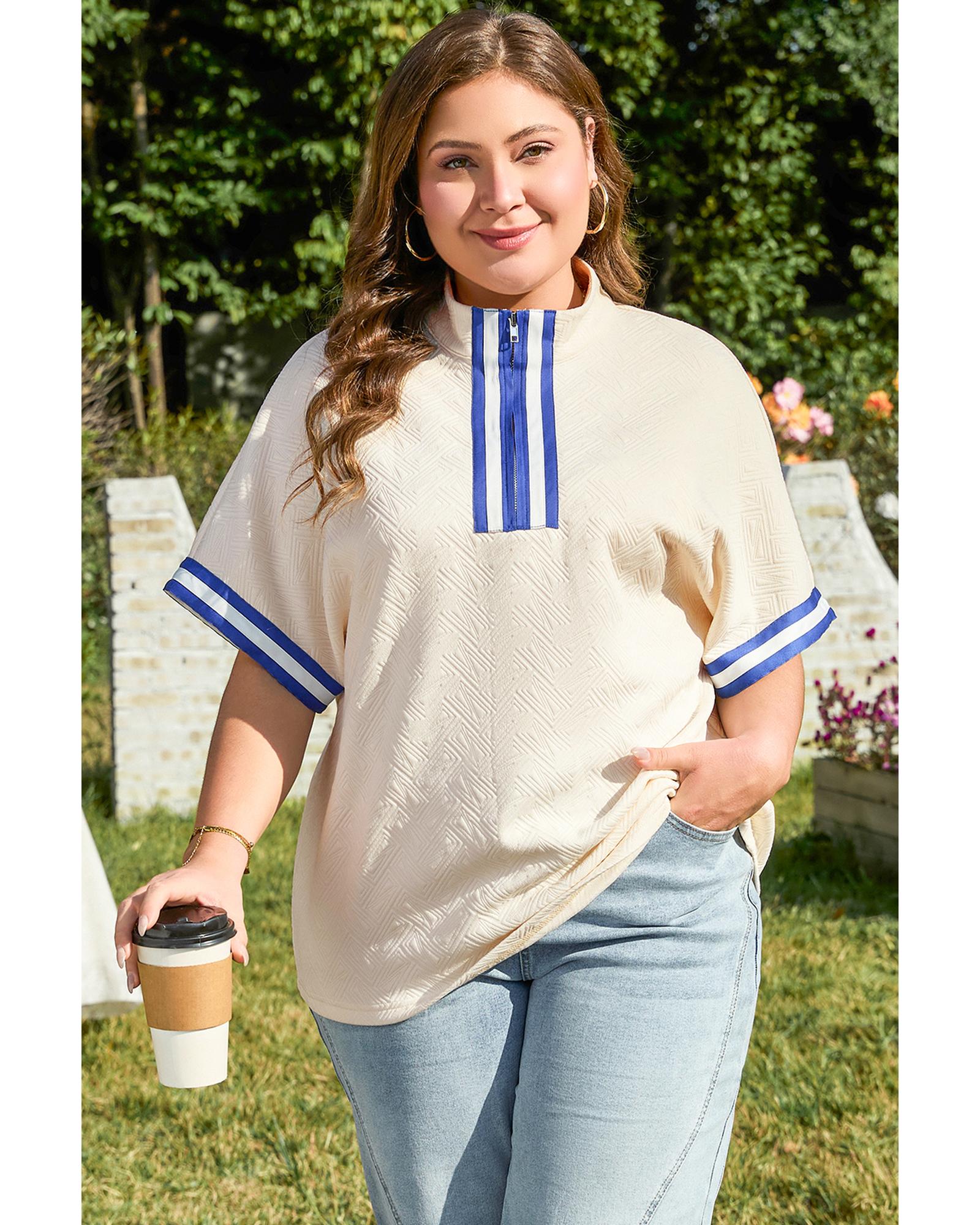 V539-AZEXPL2512996-P1-1X-202506182015-00 White Varsity Half Zip Textured Plus Size Top - 1X - Image 1