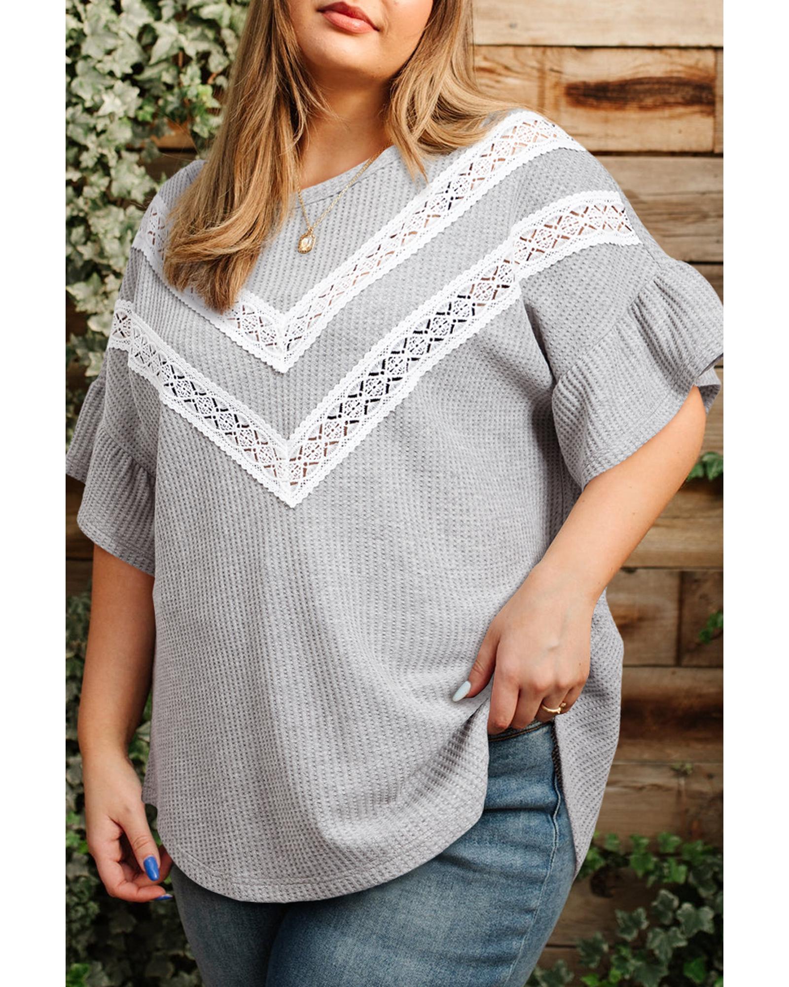 V539-AZEXPL2513037-P1011-1X-202506182020-00 Light Grey Lace Insert Waffle Ruffle Short Sleeve Plus Size Top - 1X - Image 1