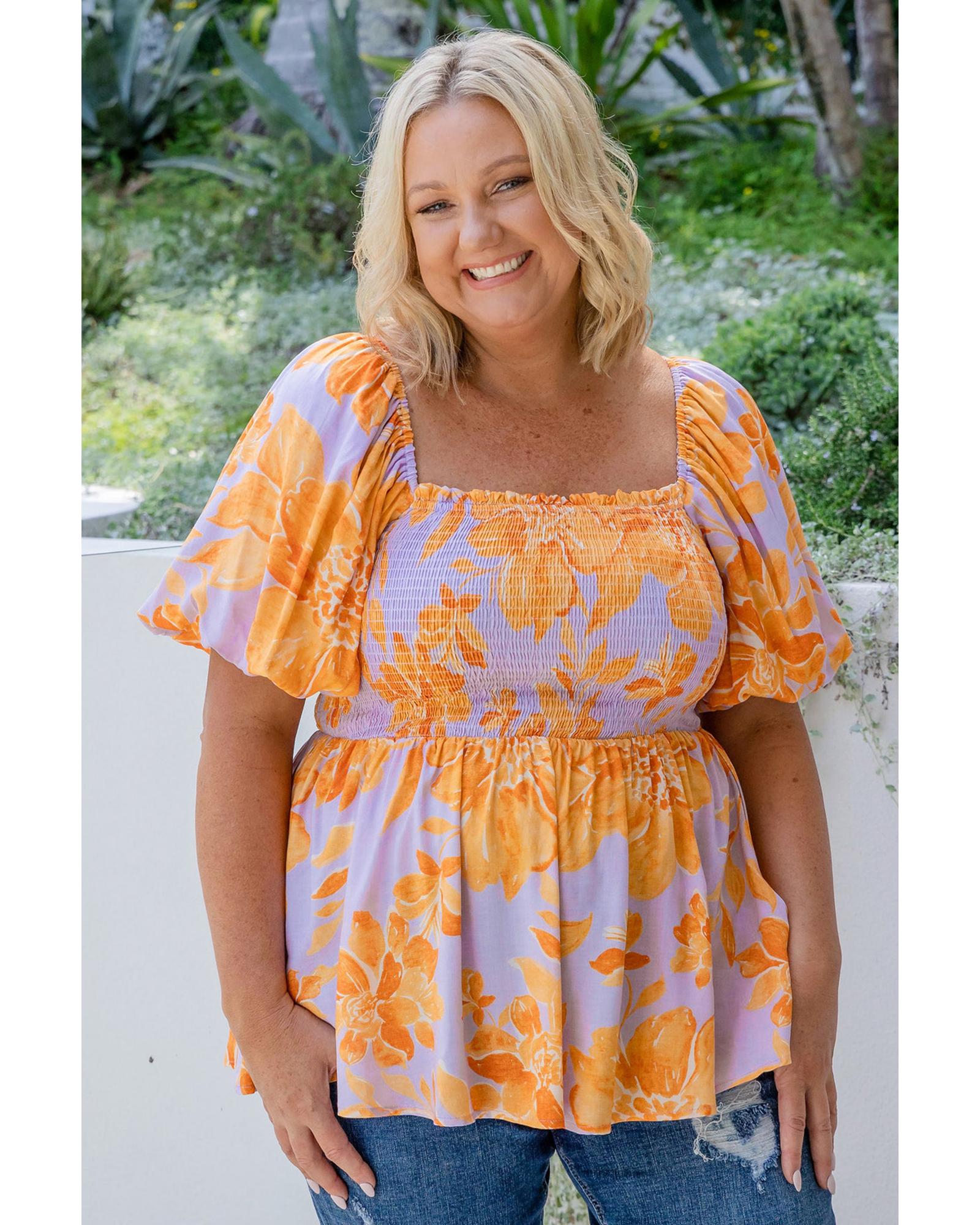 V539-AZEXPL2513060-P820-2X-202508311140-00 Purple Floral Puff Sleeve Square Neck Smocked Plus Size Babydoll Blouse - 2X - Image 1
