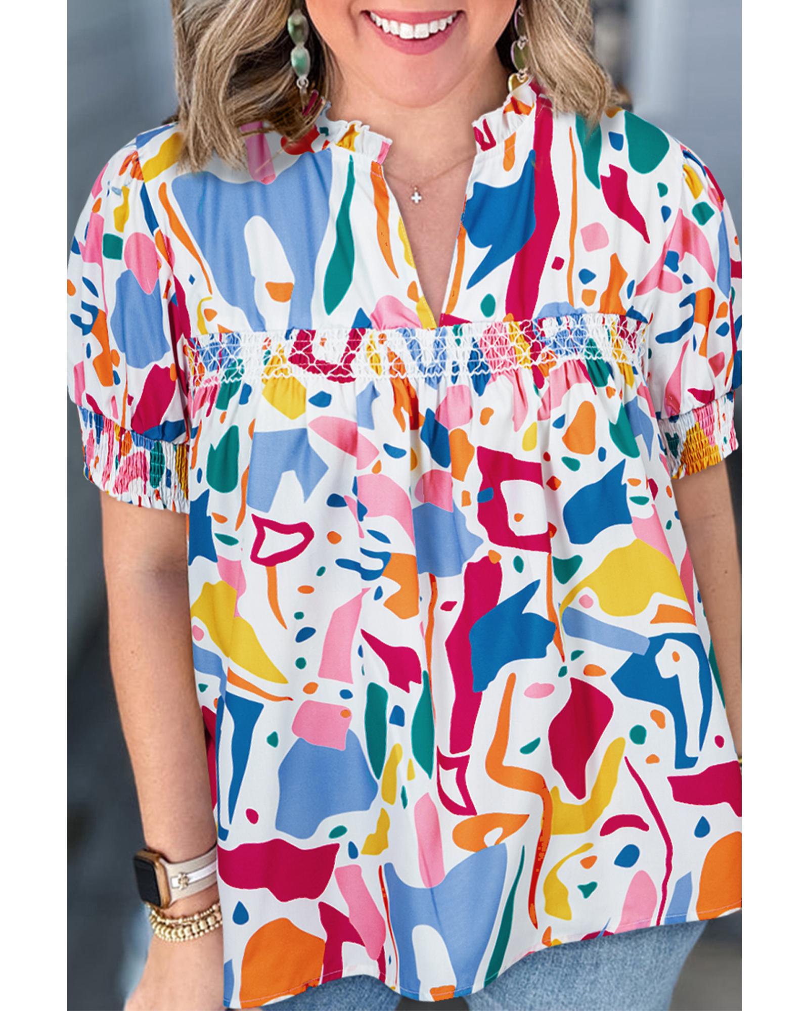 V539-AZEXPL2513078-P120-1X-202506182026-00 White Abstract Print Shirred Cuff Puff Sleeve Plus Size Blouse - 1X - Image 1