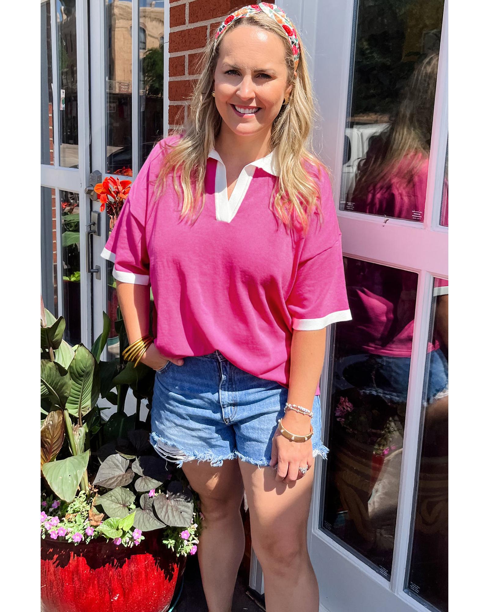 Pink Contrast Trim Collared Split Neck Short Sleeve Plus Size Top - 2X