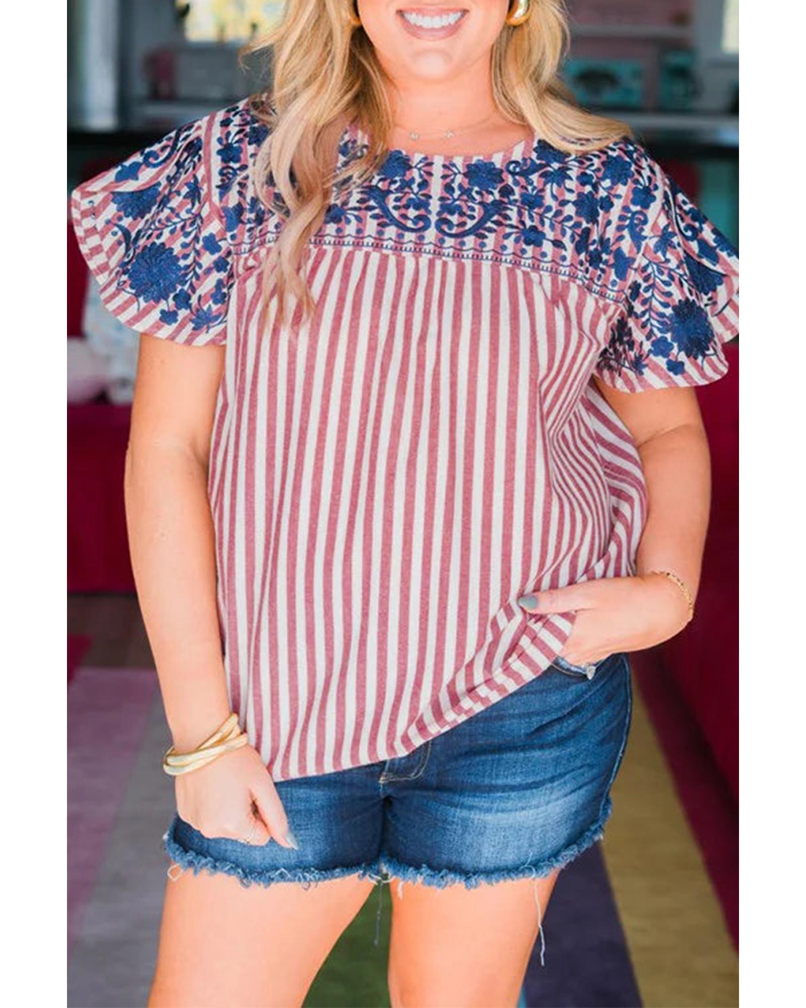 V539-AZEXPL2513132-P319-1X-202506182321-00 Red Stripe Plus Size Floral Embroidered Petal Sleeve Blouse - 1X - Image 1