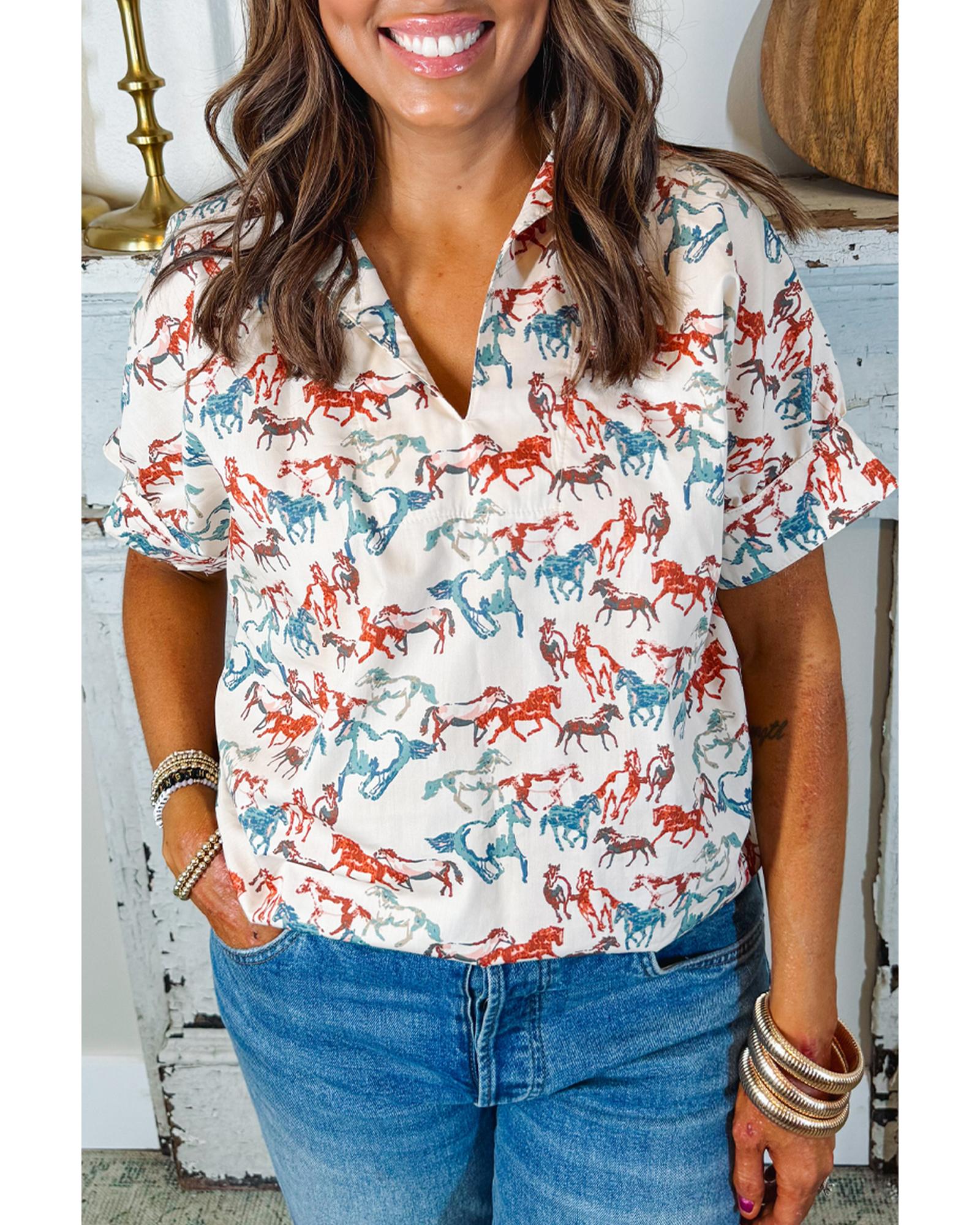 V539-AZEXPL2513173-P120-3X-202508310505-00 White Horse Galloping Allover Print Split Neck Plus Size Blouse - 3X - Image 1