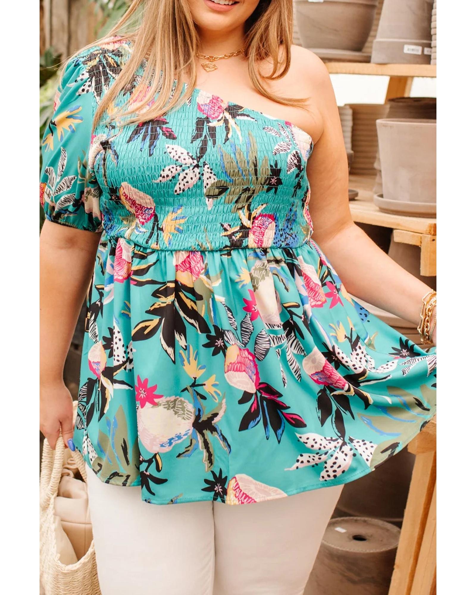 V539-AZEXPL2513239-P920-2X-202508311110-00 Green Plus Size Floral Smocked Bodice Single Puff Short Sleeve Babydoll Blouse - 2X - Image 1