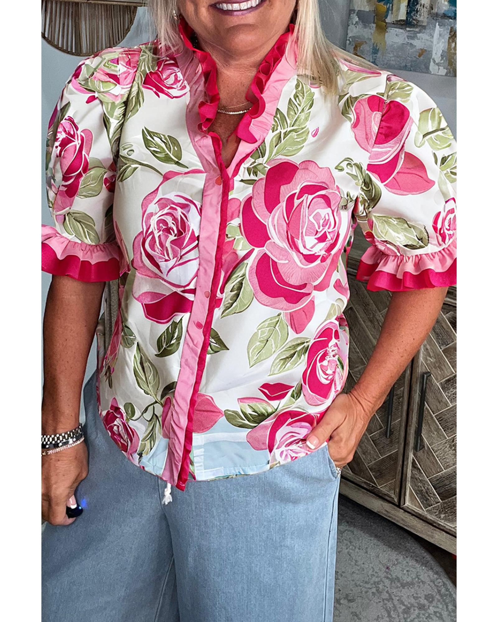 V539-AZEXPL2513857-P620-1X-202506190012-00 Rose Plus Size Floral Print Frilled Stripes Detail Short Sleeve Blouse - 1X - Image 1