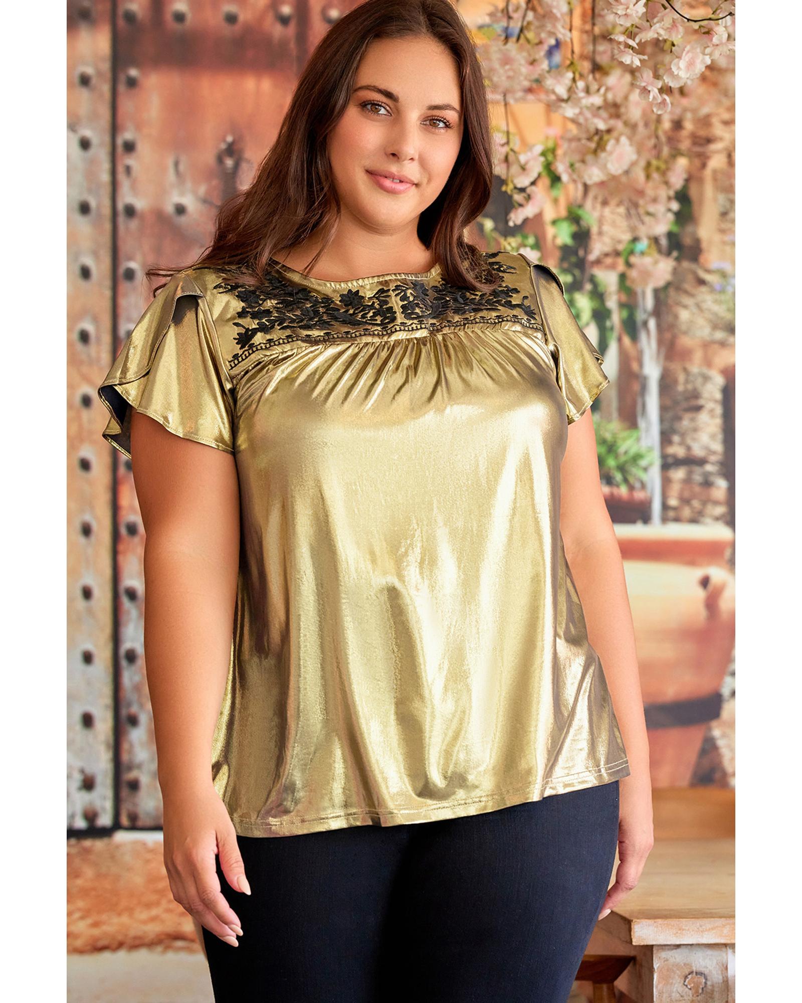 V539-AZEXPL251710-12-1X-202506190022-00 Gold Plus Size Floral Embroidered Short Sleeve Top - 1X - Image 1