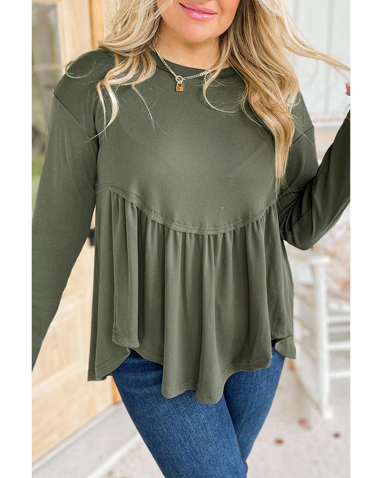 V539-AZEXPL2521119-P509-3X-202508310845-00 Mist Green Plus Size Thermal Knitted Babydoll Flare Top - 3X - Image 1