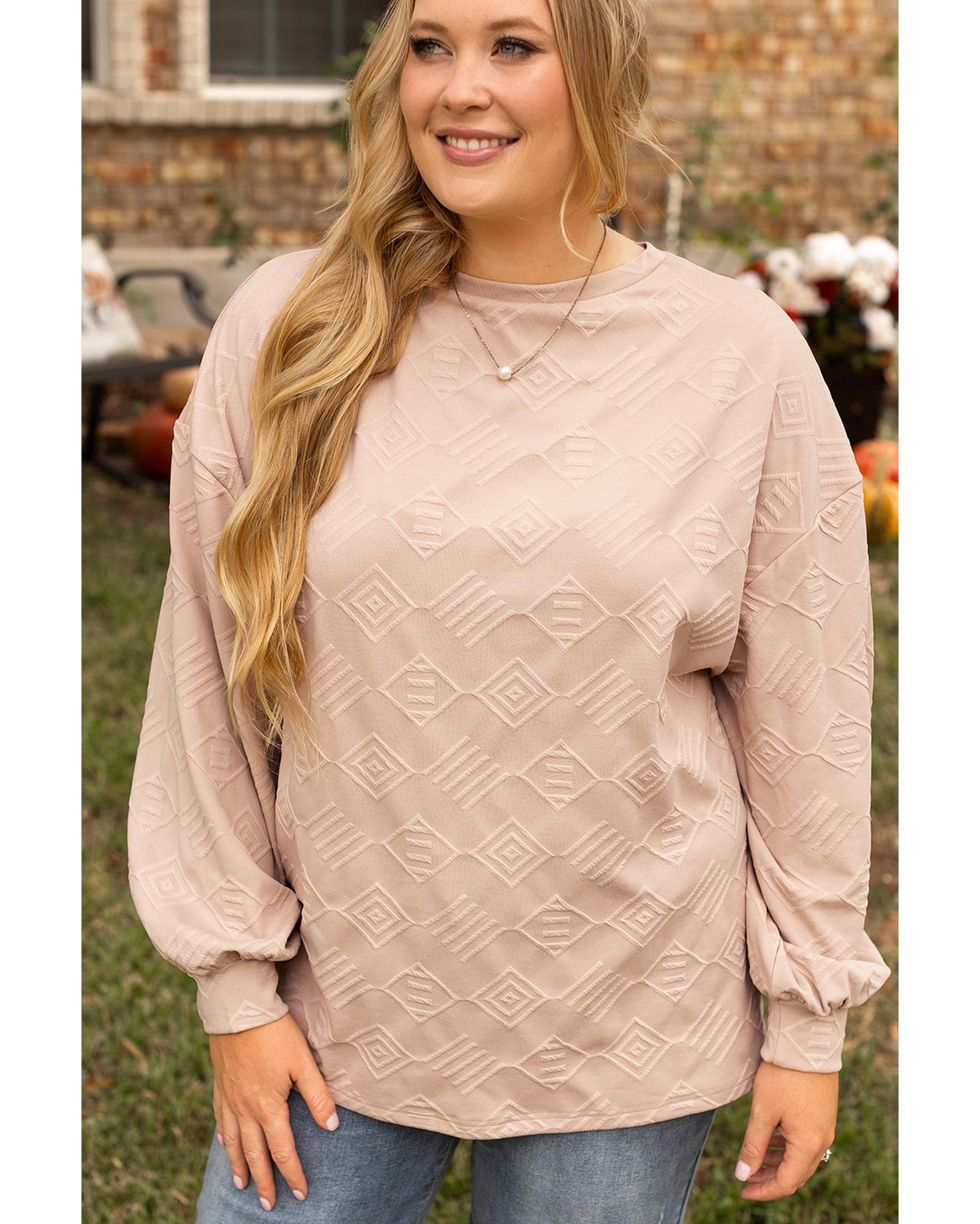 V539-AZEXPL2521151-P6016-2X-202508311605-00 Parchment Plus Size Textured Drop Shoulder Crew Neck Sweatshirt - 2X - Image 1