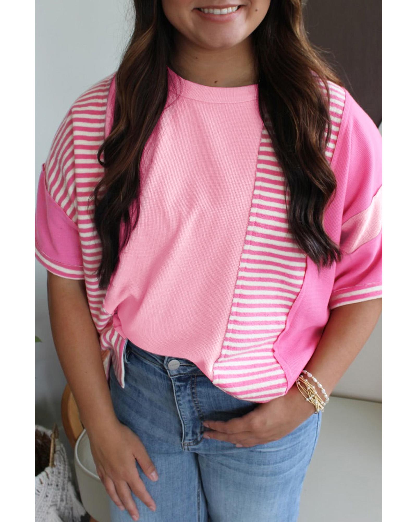V539-AZEXPL2521366-P1019-4X-202508310350-00 Pink Stripe Patchwork Colorblock Plus Size T Shirt - 4X - Image 1