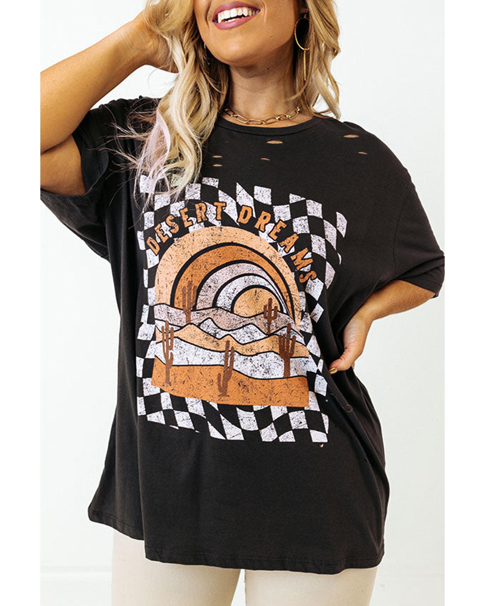 Black Checkerd DESERT DREAMS Printed Ripped Plus Size Tee - 3X