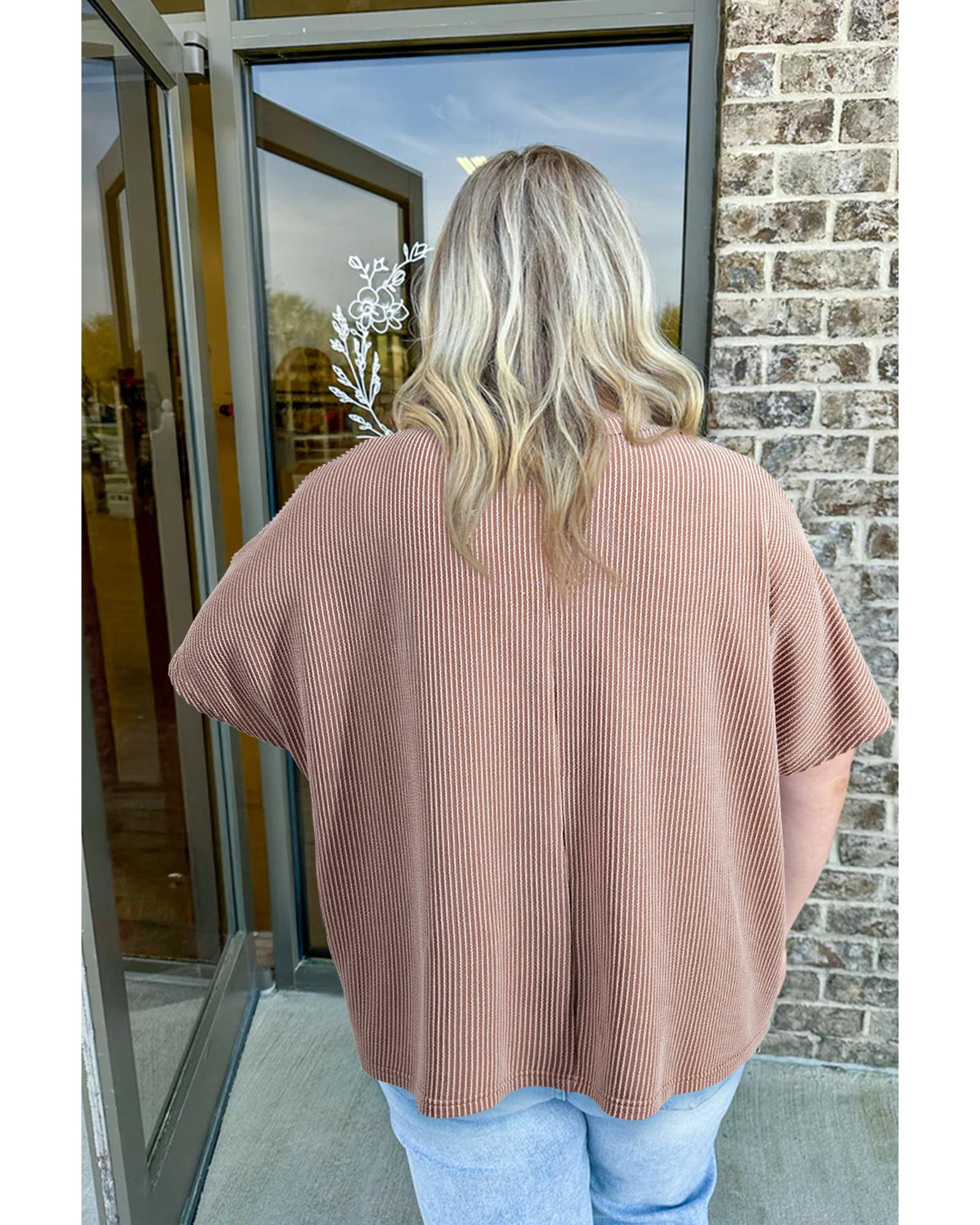Smoke Gray Ribbed Striped Crew Neck Plus Size Knit T Shirt - 4X