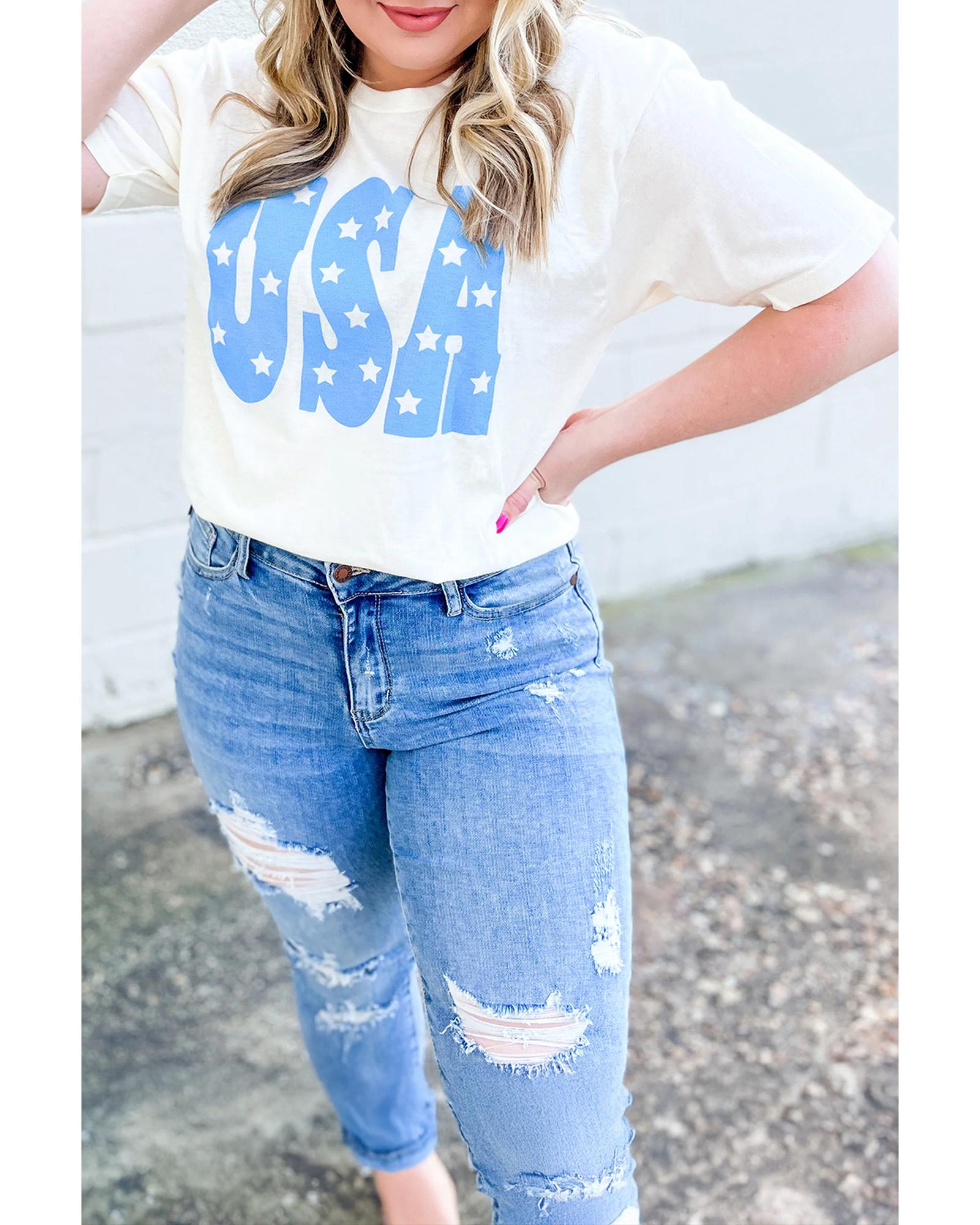 Sky Blue USA Graphic Crewneck Plus Size Patriotic Tee - 1X