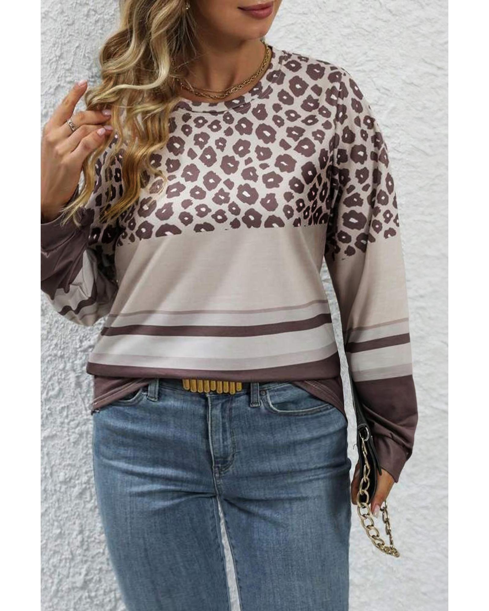 V539-AZEXPL25226183-P1017-1X-202506182327-00 Coffee Plus Size Leopard Striped Long Sleeve Crew Neck Top - 1X - Image 1