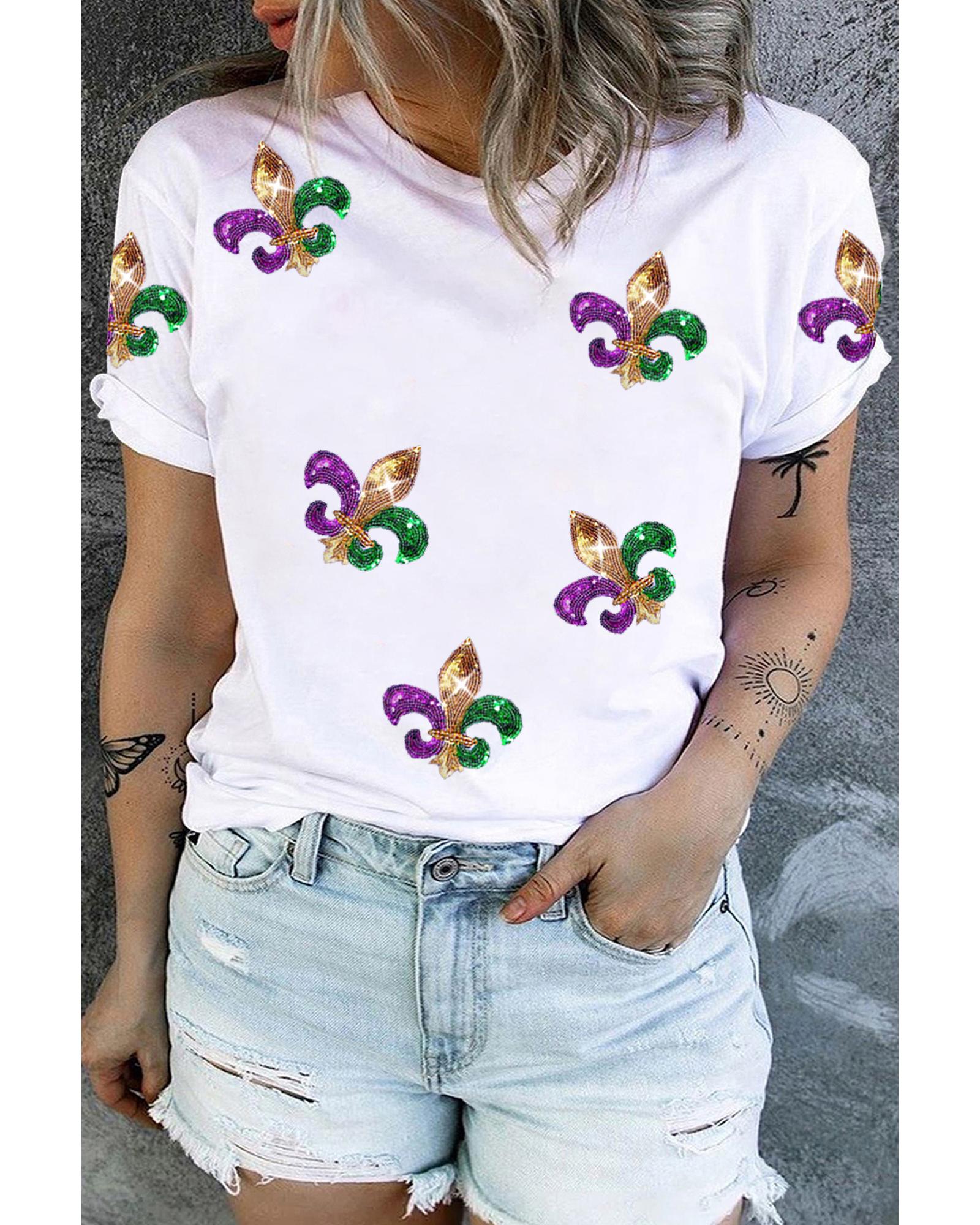 V539-AZEXPL252615-P1-1X-202506182337-00 White Plus Size Glitter Fleur De Lis Patch Mardi Gras T-shirt - 1X - Image 1