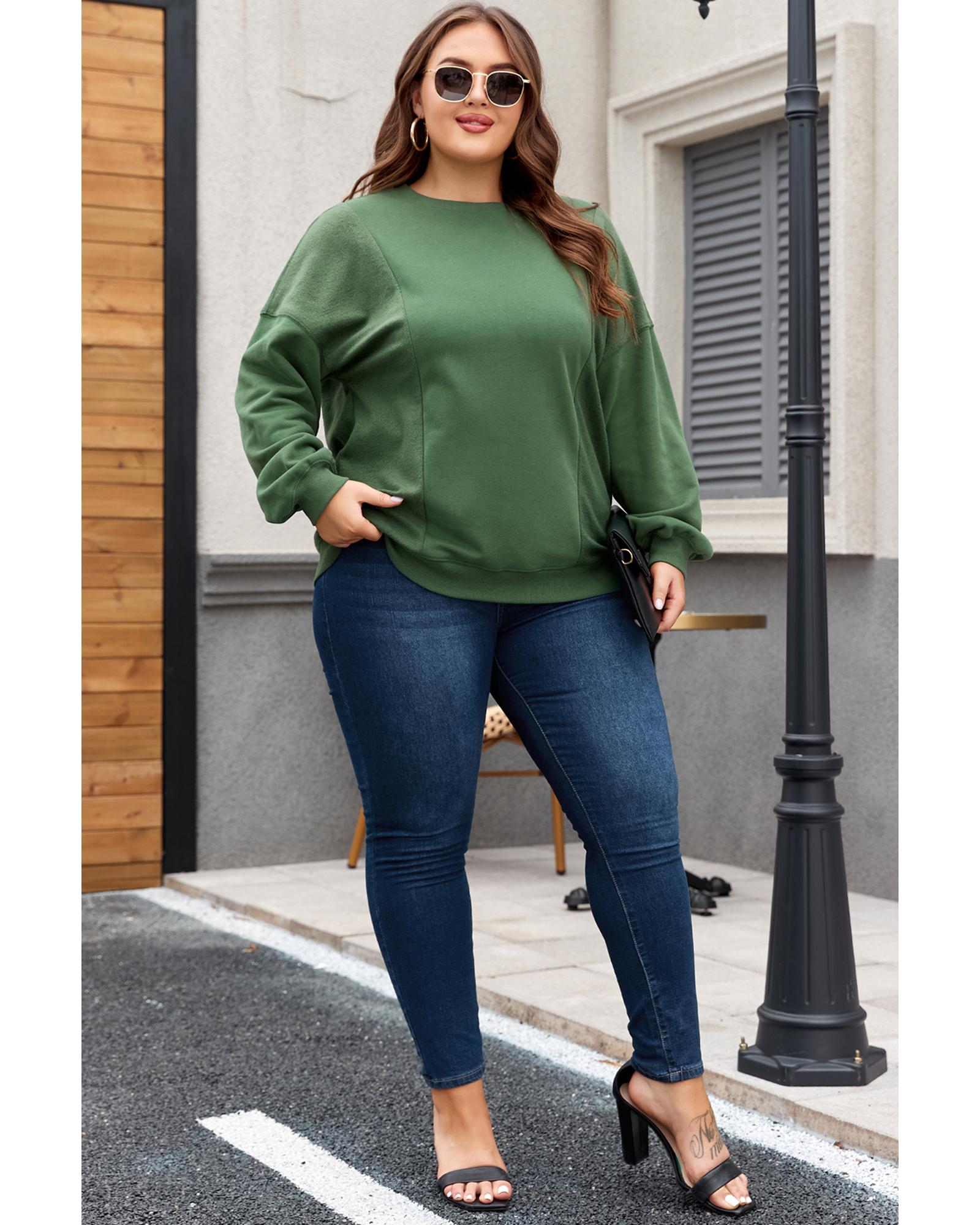 V539-AZEXPL25317324-P309-1X-202506190027-00 Blackish Green Loose Patchwork Crewneck Plus Size Sweatshirt - 1X - Image 1