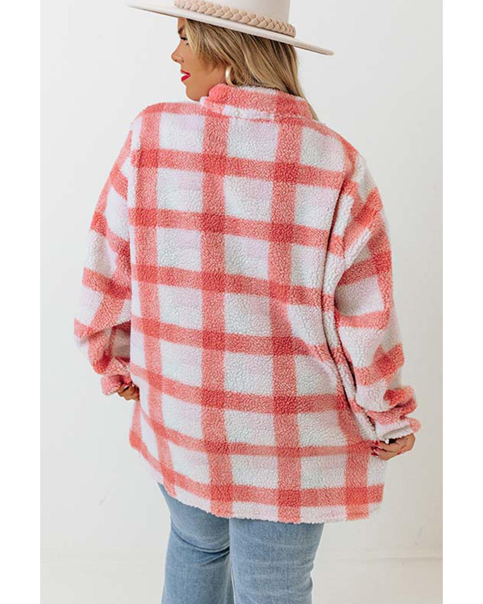 V539-AZEXPL253221-10-2X-202508311455-00 Pink Plus Size Tunic Plaid Sherpa Henley Sweatshirt - 2X - Image 1