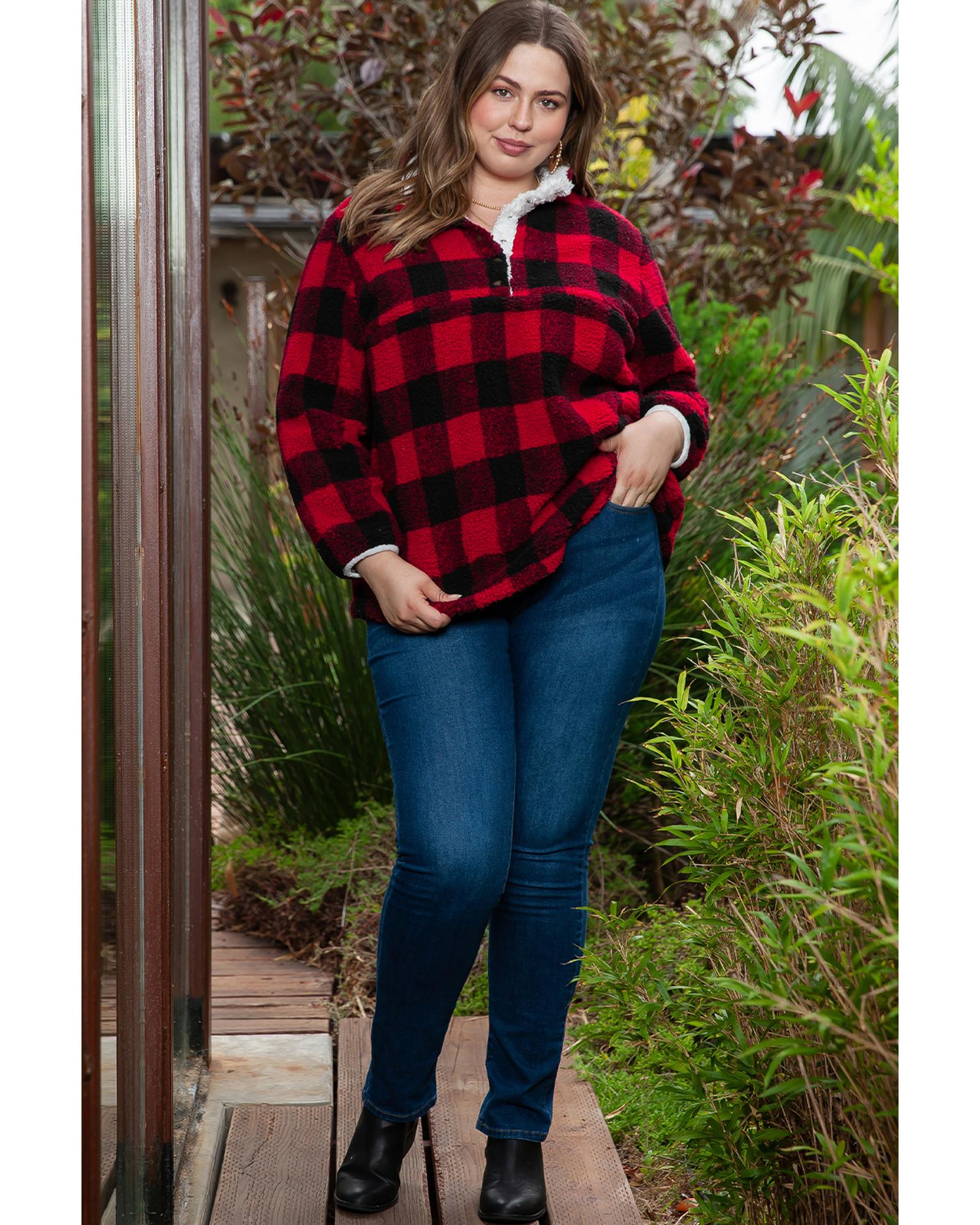 V539-AZEXPL253222-3-2X-202508311500-00 Red Plus Size Buffalo Plaid Sherpa Henley Sweatshirt - 2X - Image 1