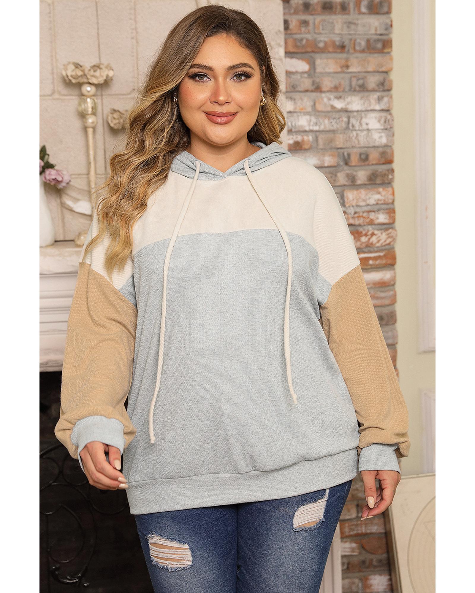 V539-AZEXPL253270-P22-2X-202508311605-00 Multicolour Plus Size Colorblock Drop Shoulder Ribbed Knit Hoodie - 2X - Image 1