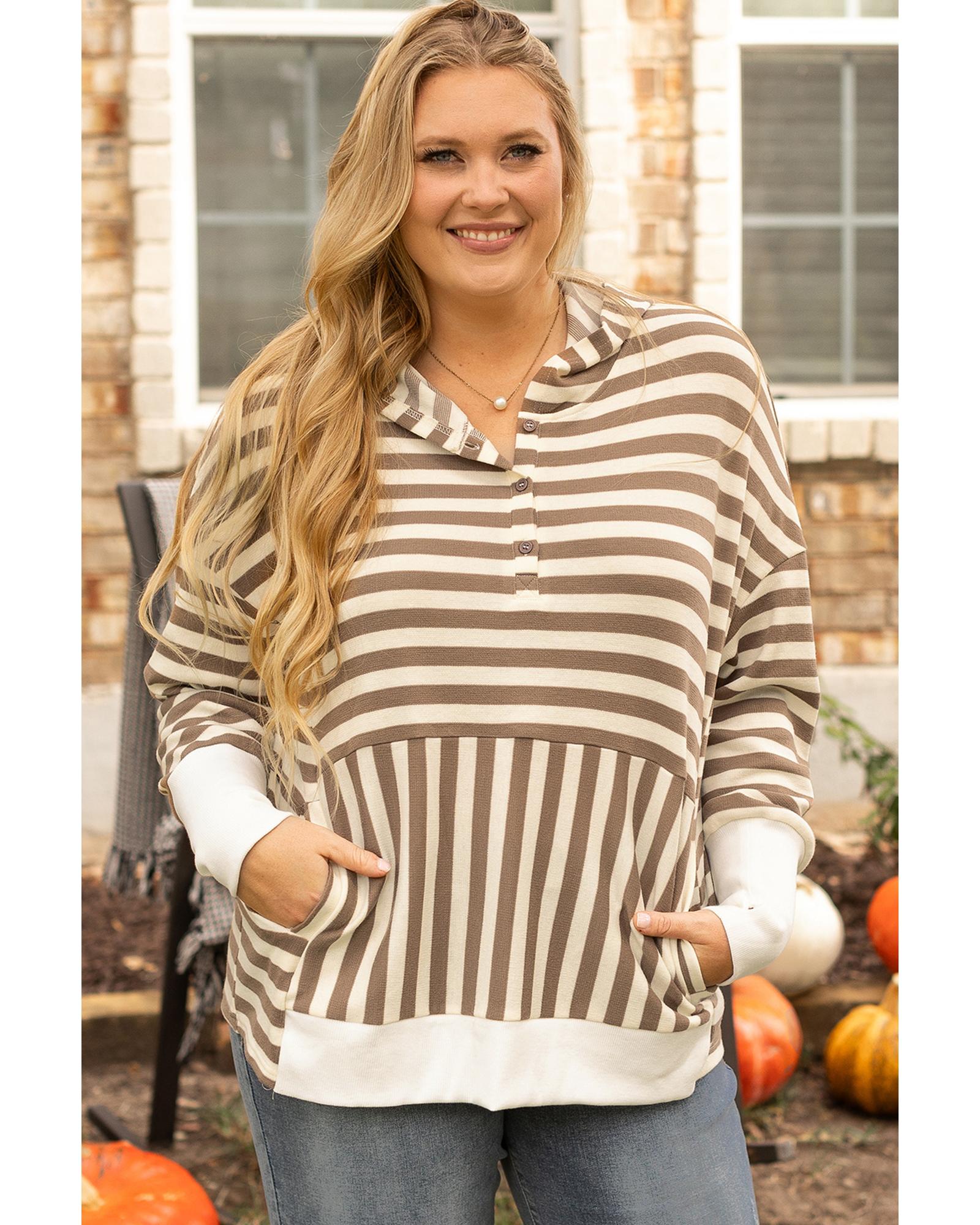 V539-AZEXPL253361-P1719-3X-202508311145-00 Brown Stripe Quarter Buttons Drop Sleeve Plus Size Hoodie - 3X - Image 1