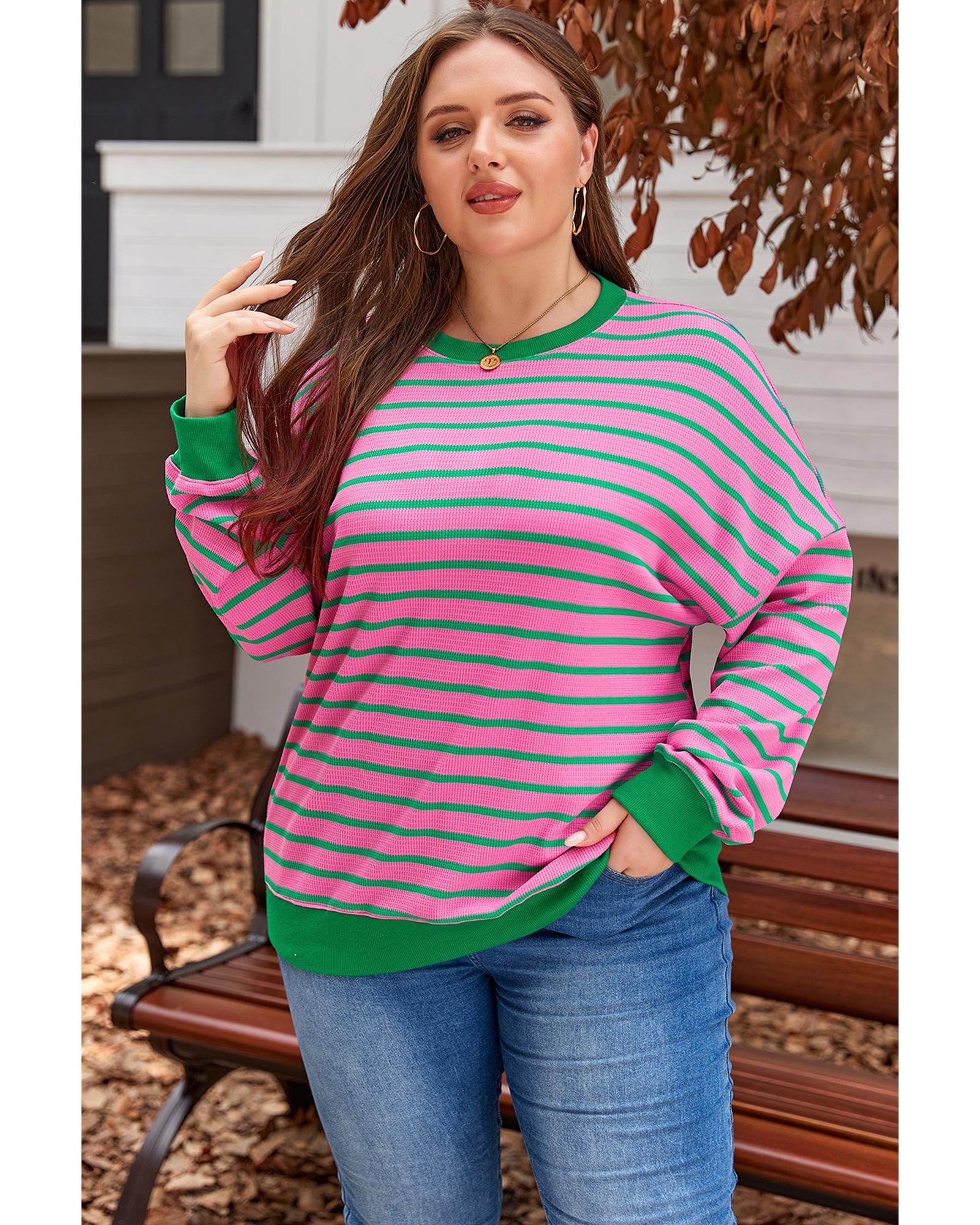 V539-AZEXPL253599-P1019-2X-202508300905-00 Pink Stripe Waffle Knit Crew Neck Plus Size Sweatshirt - 2X - Image 1