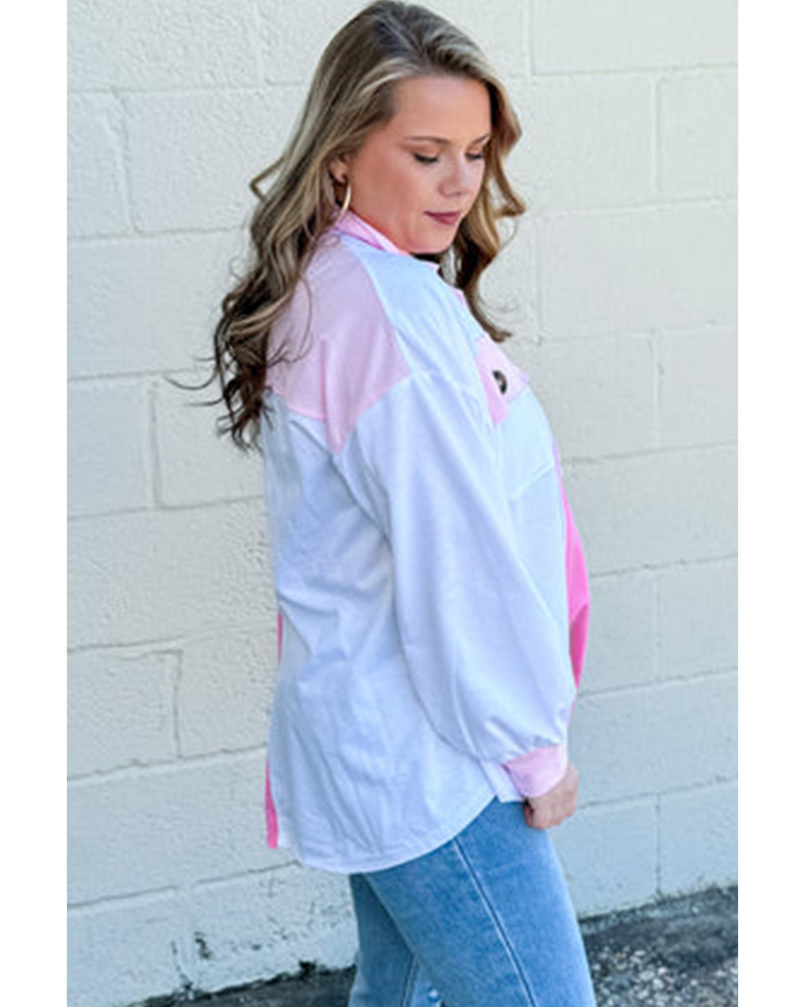 V539-AZEXPL253607-P3010-4X-202508301120-00 Bonbon Color Block Chest Pockets Half Button Plus Size Sweatshirt - 4X - Image 1