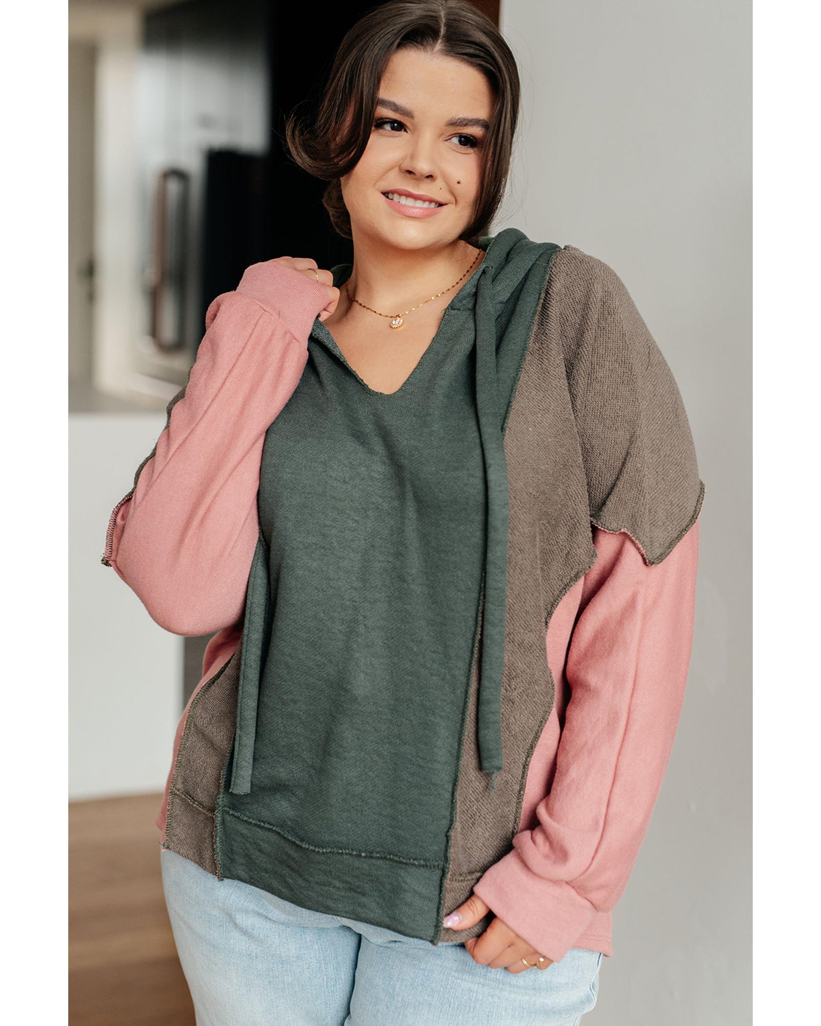 V539-AZEXPL253619-P1517-2X-202508301230-00 Breen Plus Size Colorblock Patchwork V Neck Hoodie - 2X - Image 1