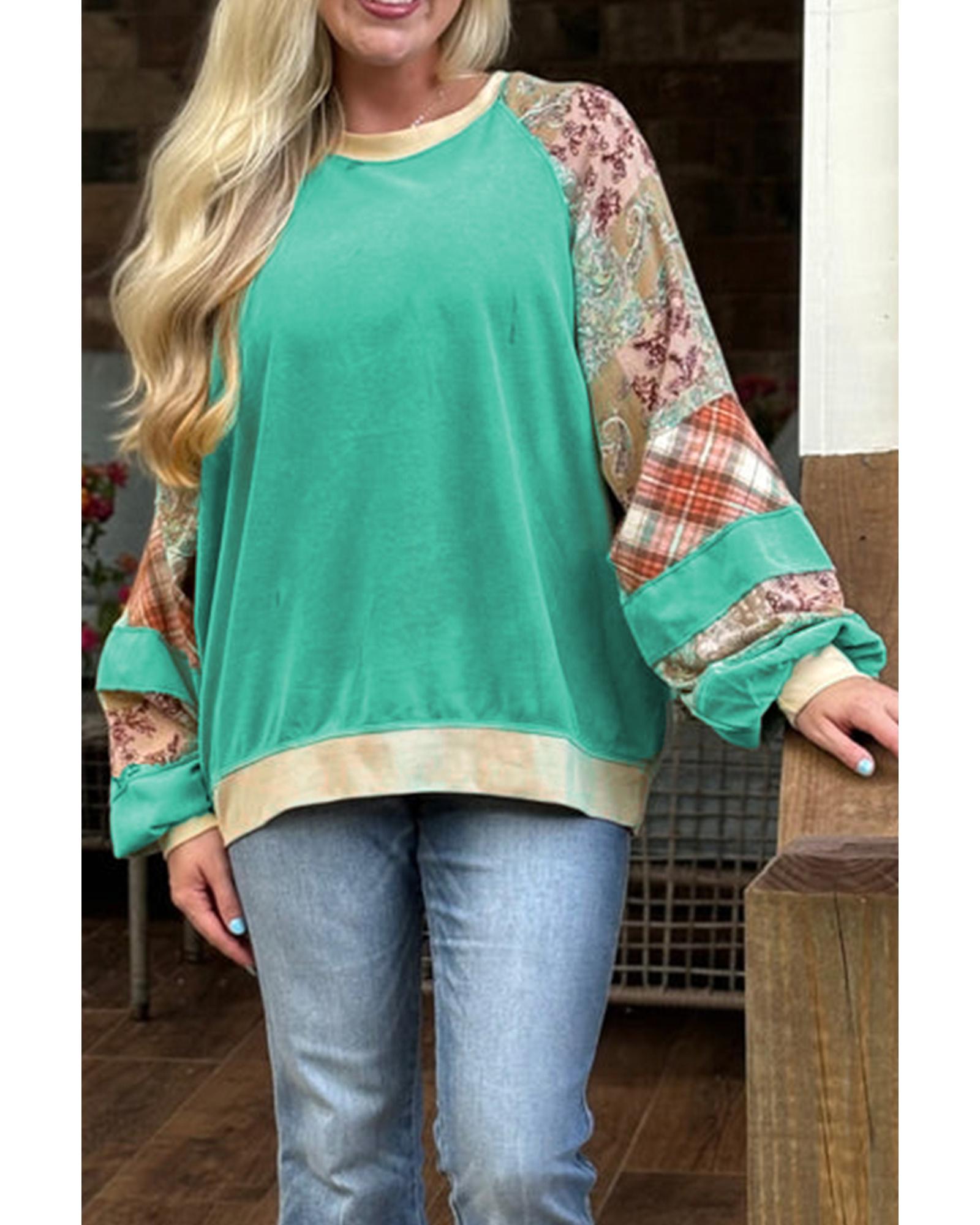V539-AZEXPL253803-P420-1X-202506151840-00 Sky Blue Plus Size Plaid Floral Patchwork Raglan Sleeve Sweatshirt - 1X - Image 1