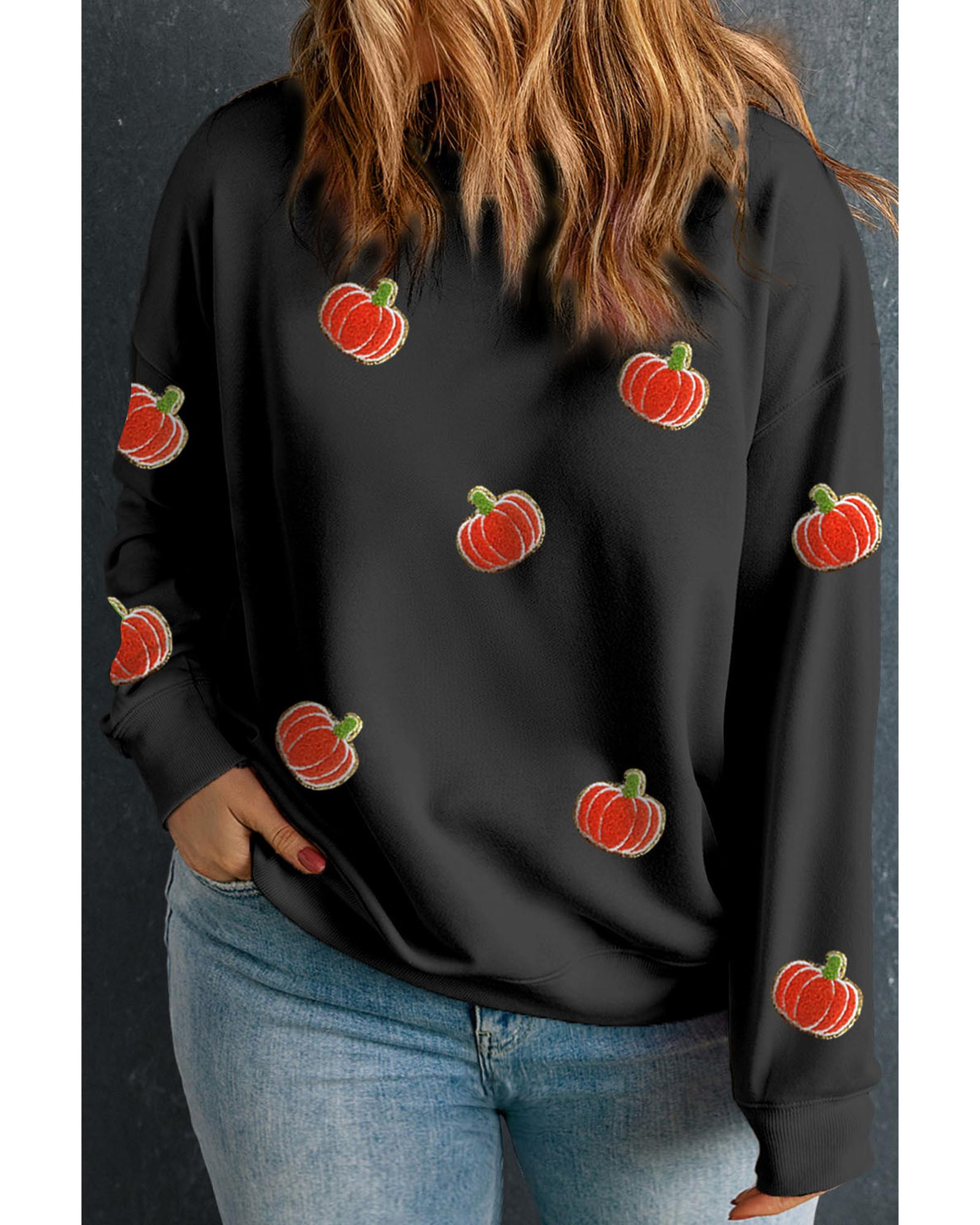 V539-AZEXPL253846-P2-1X-202506151911-00 Black Chenille Pumpkin Patched Drop Shoulder Plus Size Sweatshirt - 1X - Image 1