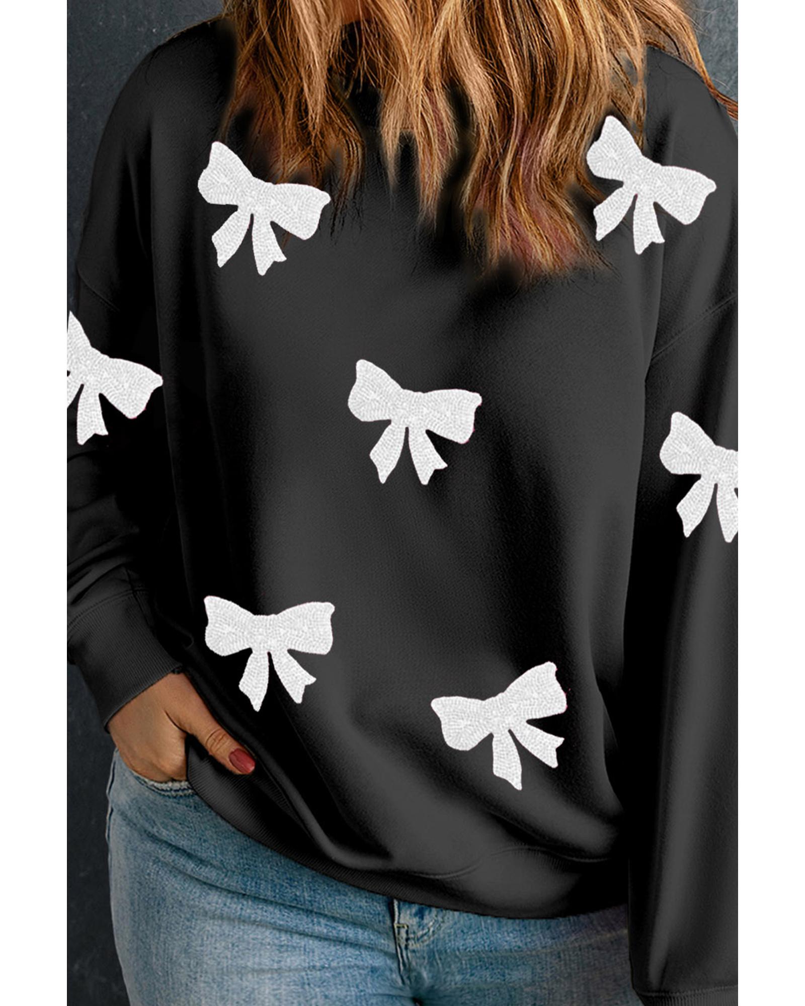 V539-AZEXPL253895-P2-2X-202508300820-00 Black Bow Pattern Drop Shoulder Plus Size Sweatshirt - 2X - Image 1