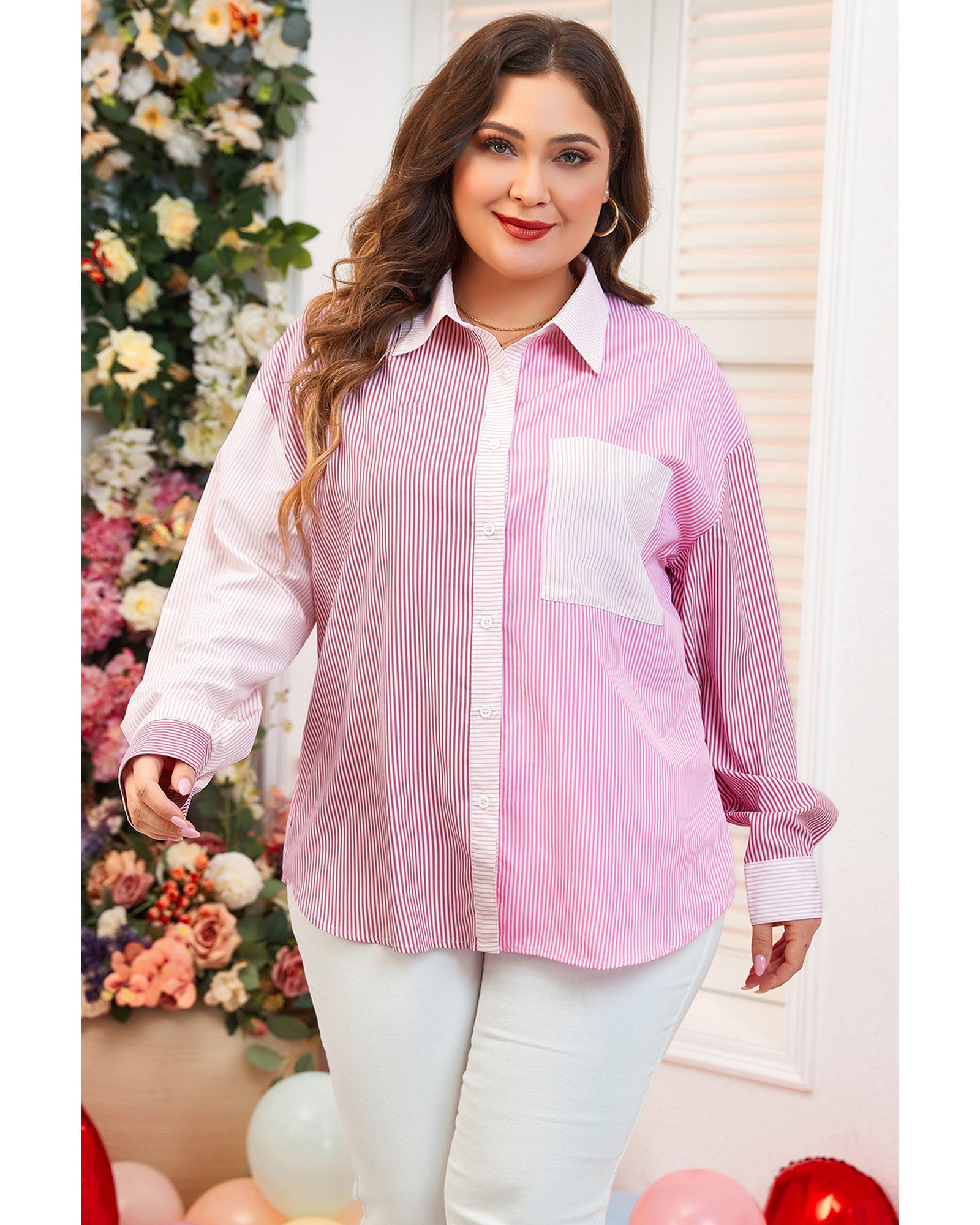 V539-AZEXPL255320-P1019-2X-202508302040-00 Pink Stripe Print Colorblock Plus Size Shirt - 2X - Image 1