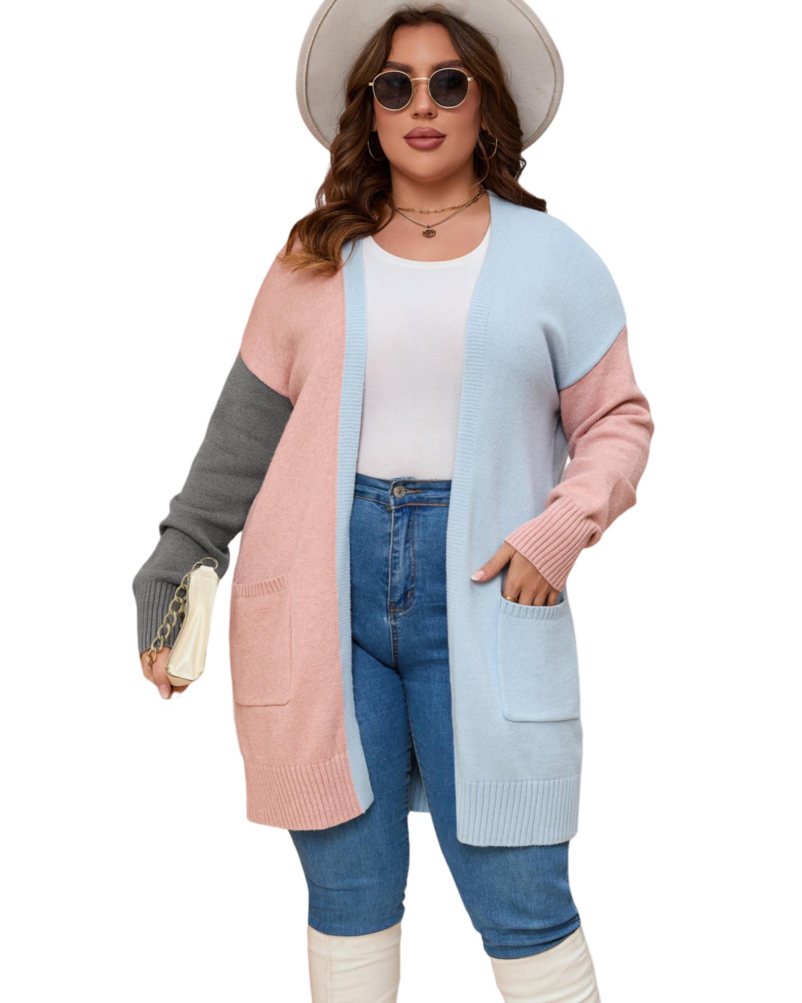 V539-AZEXPL271031-22-1X-202506151721-00 Multicolor Plus Size Colorblock Pocketed Open Front Cardigan - 1X - Image 1