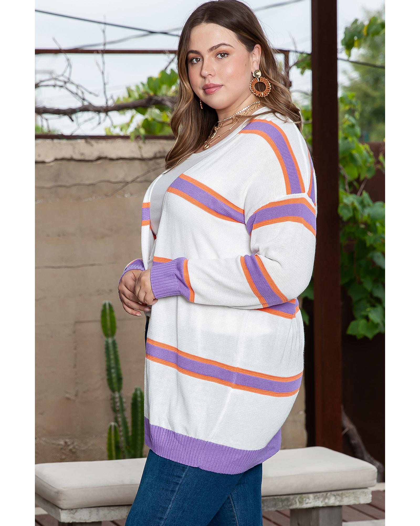 V539-AZEXPL271055-P15-2X-202508310045-00 Beige Plus Size Striped Dropped Shoulder Sweater Cardigan - 2X - Image 1