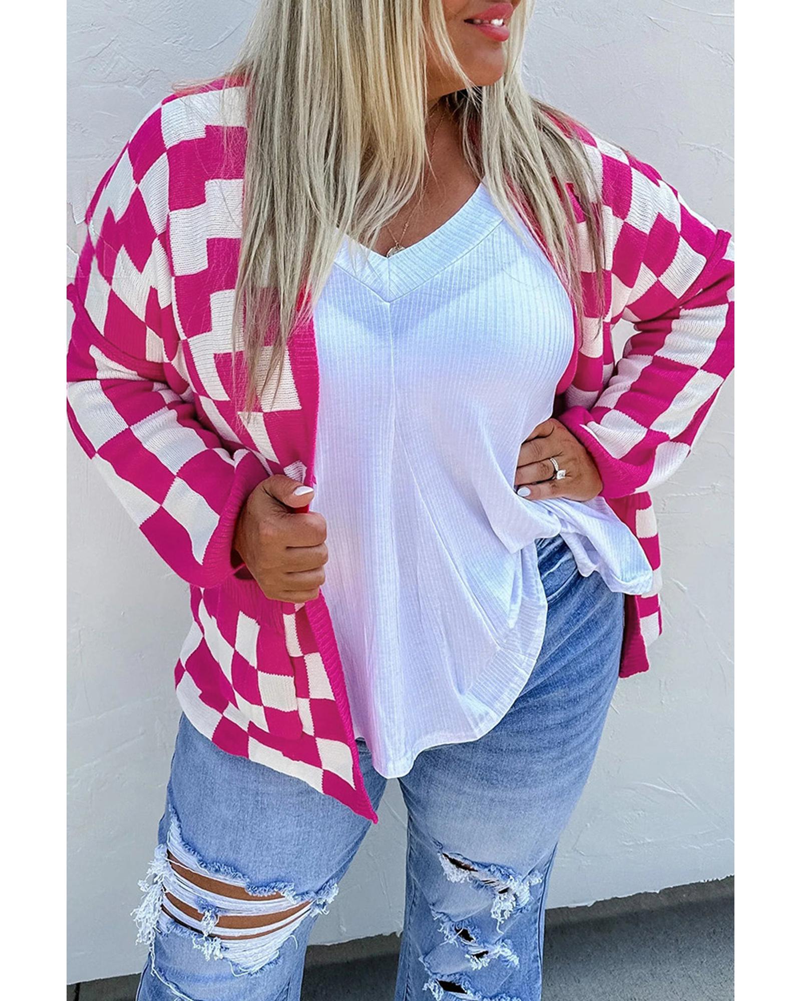 V539-AZEXPL271072-P3010-2X-202508310100-00 Bonbon Checkered Pattern Open Front Plus Size Cardigan - 2X - Image 1