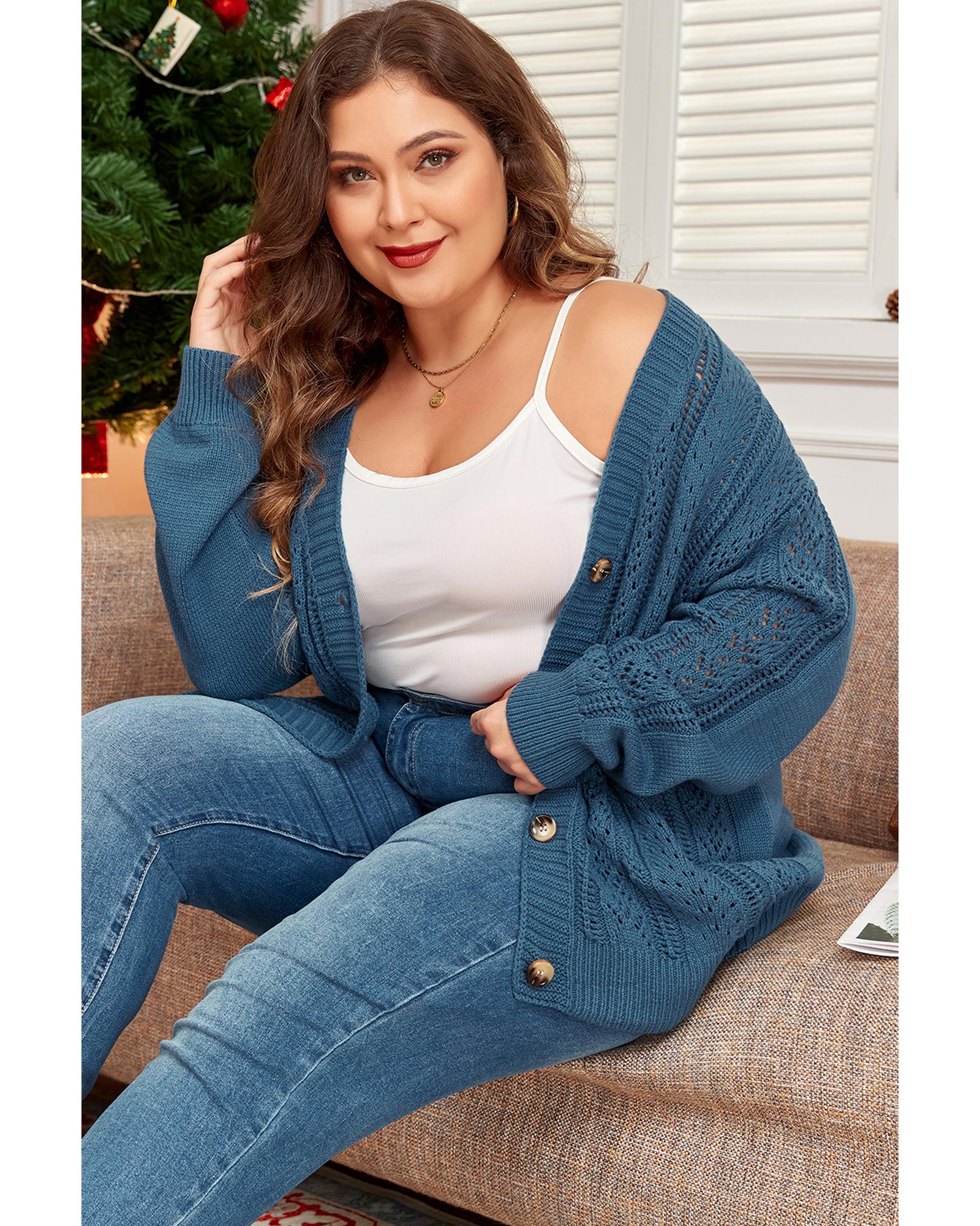 V539-AZEXPL2711785-P705-3X-202508310135-00 Real Teal Open Knit V Neck Button Front Drop Shoulder Plus Size Cardigan - 3X - Image 1