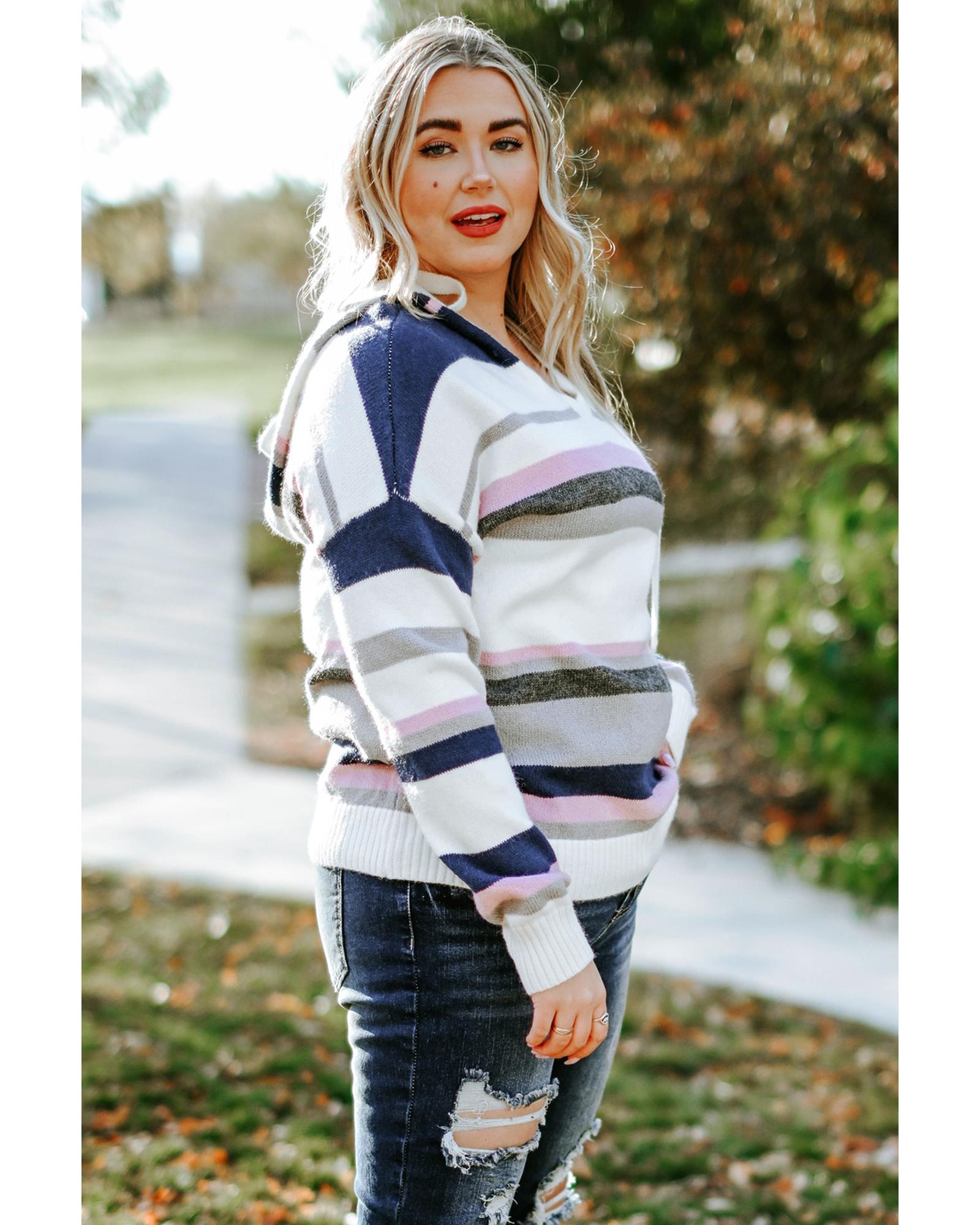 Stripe Plus Size Striped Hooded Knit Sweater - 3X