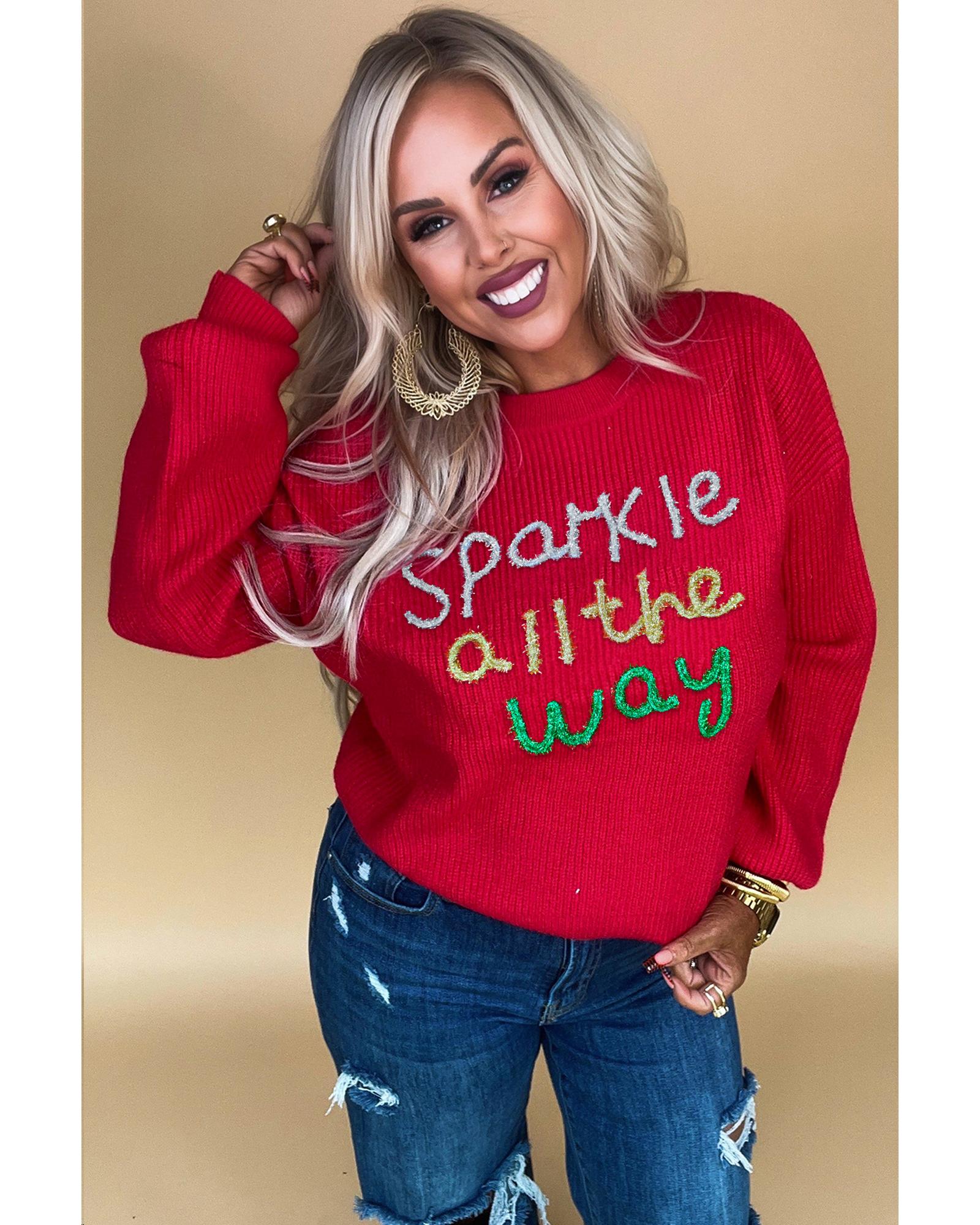 V539-AZEXPL272360-P603-3X-202508301935-00 Racing Red Sparkle All The Way Tinsel Crew Neck Plus Size Sweater - 3X - Image 1