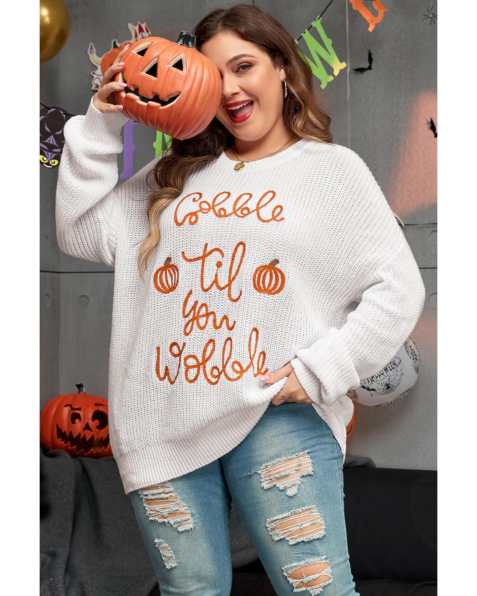 V539-AZEXPL272361-P101-1X-202506151846-00 White Gobble Til You Wobble Pop Up Crochet Plus Size Sweater - 1X - Image 1